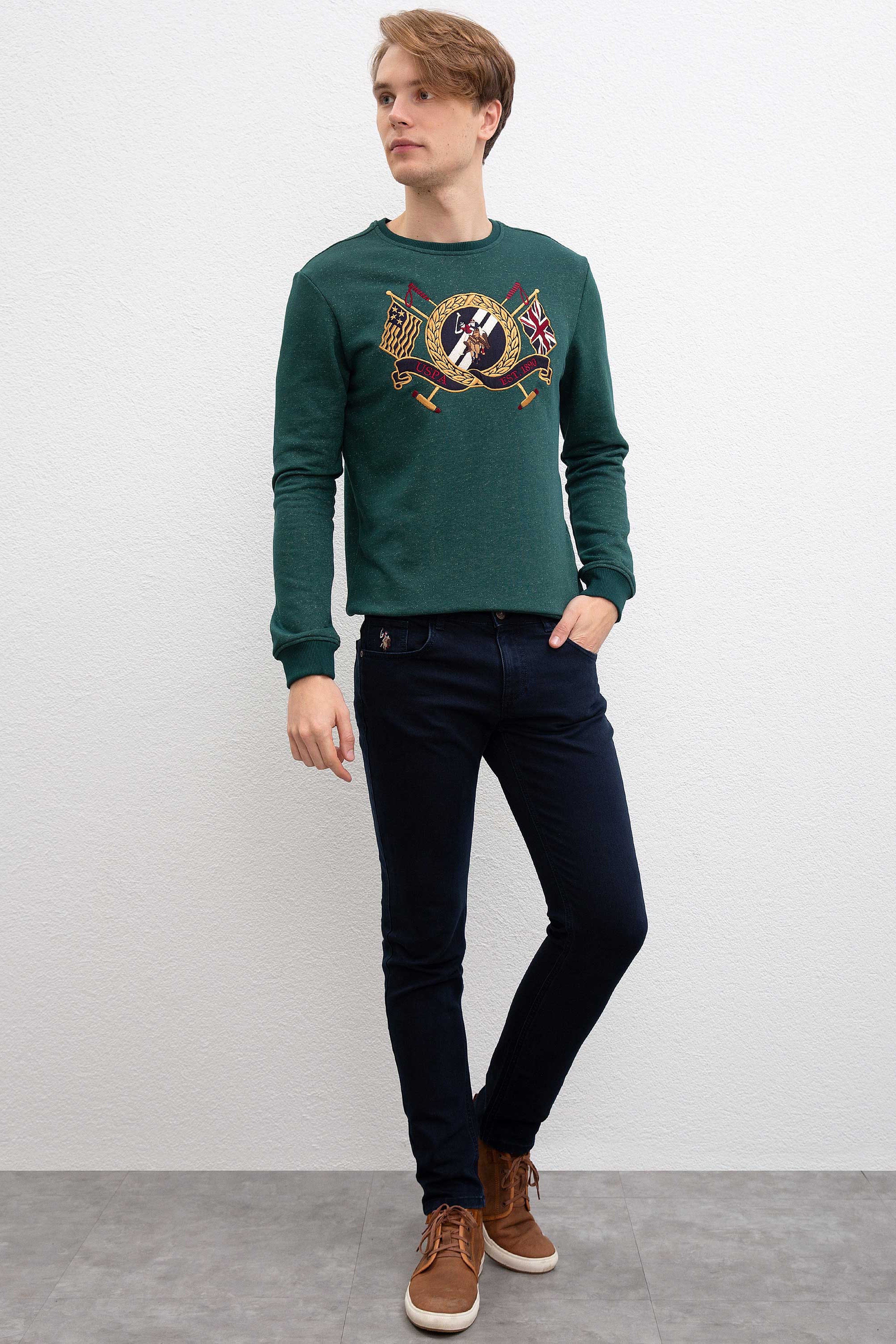Erkek Koyu Yeşil Bisiklet Yaka Sweatshirt