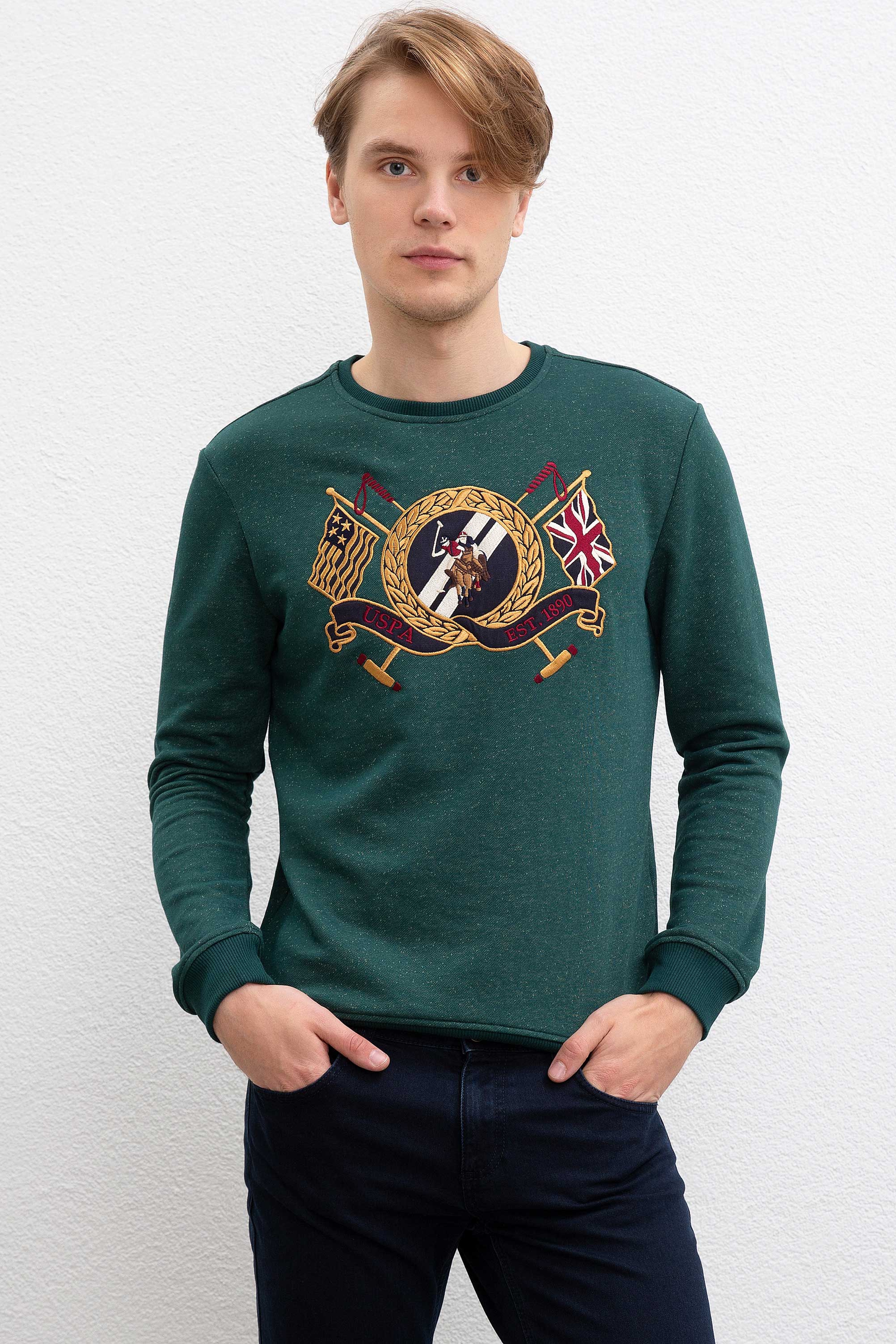 Erkek Koyu Yeşil Bisiklet Yaka Sweatshirt - Image 3