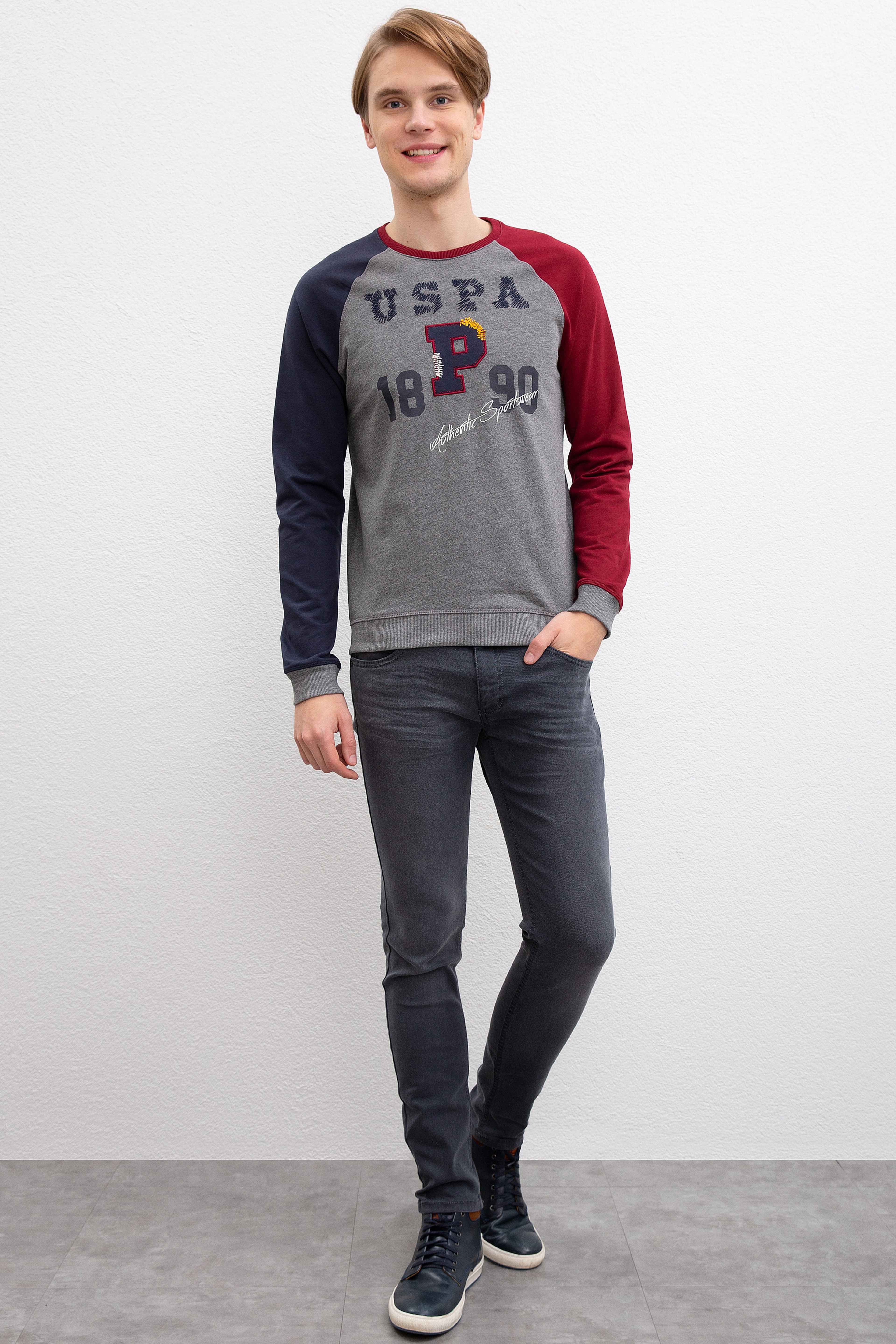 Erkek Antrasit Melanj Bisiklet Yaka Sweatshirt - Image 4