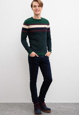 Erkek Koyu Yeşil Bisiklet Yaka Triko Kazak - 50207653014