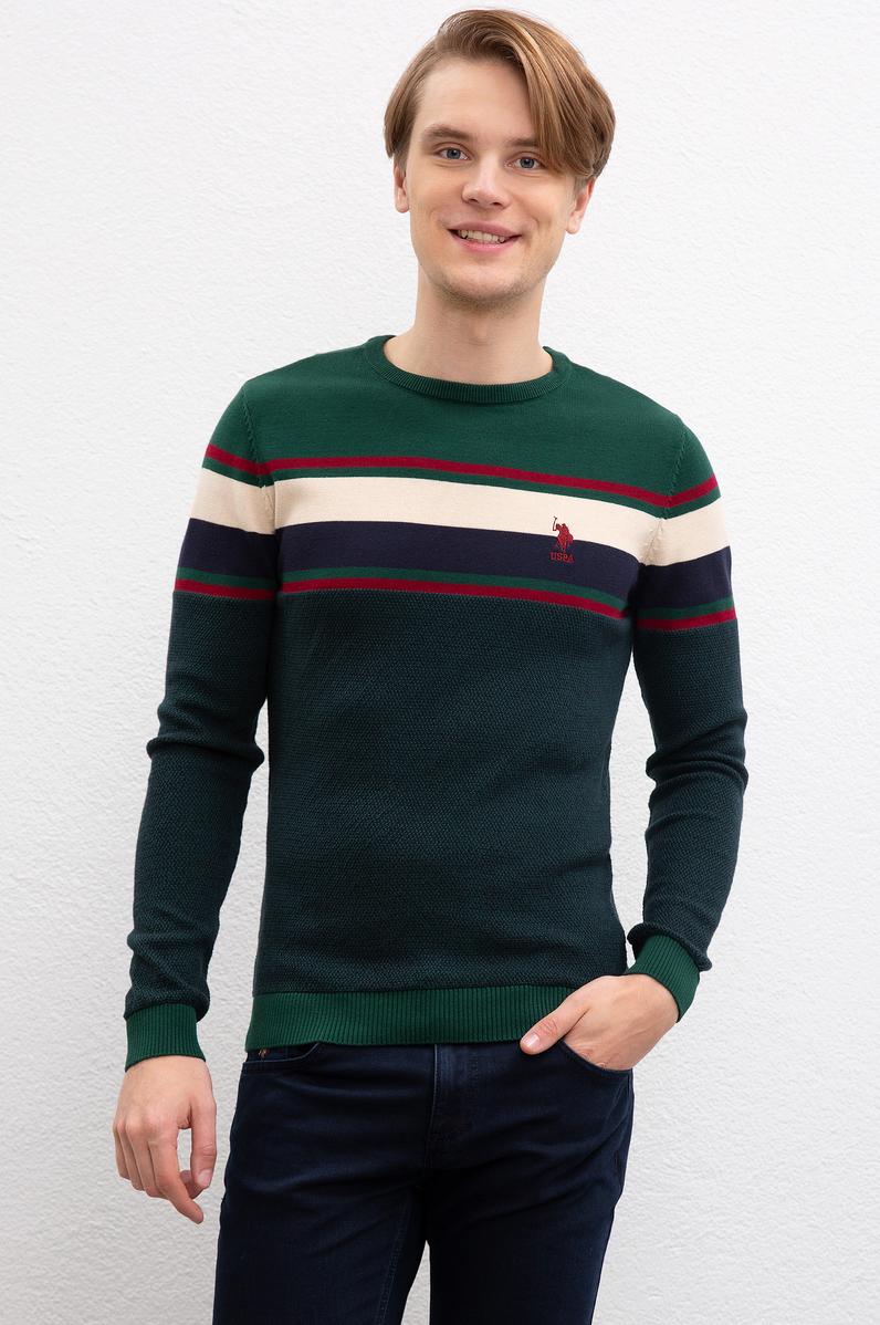 Erkek Koyu Yeşil Bisiklet Yaka Triko Kazak