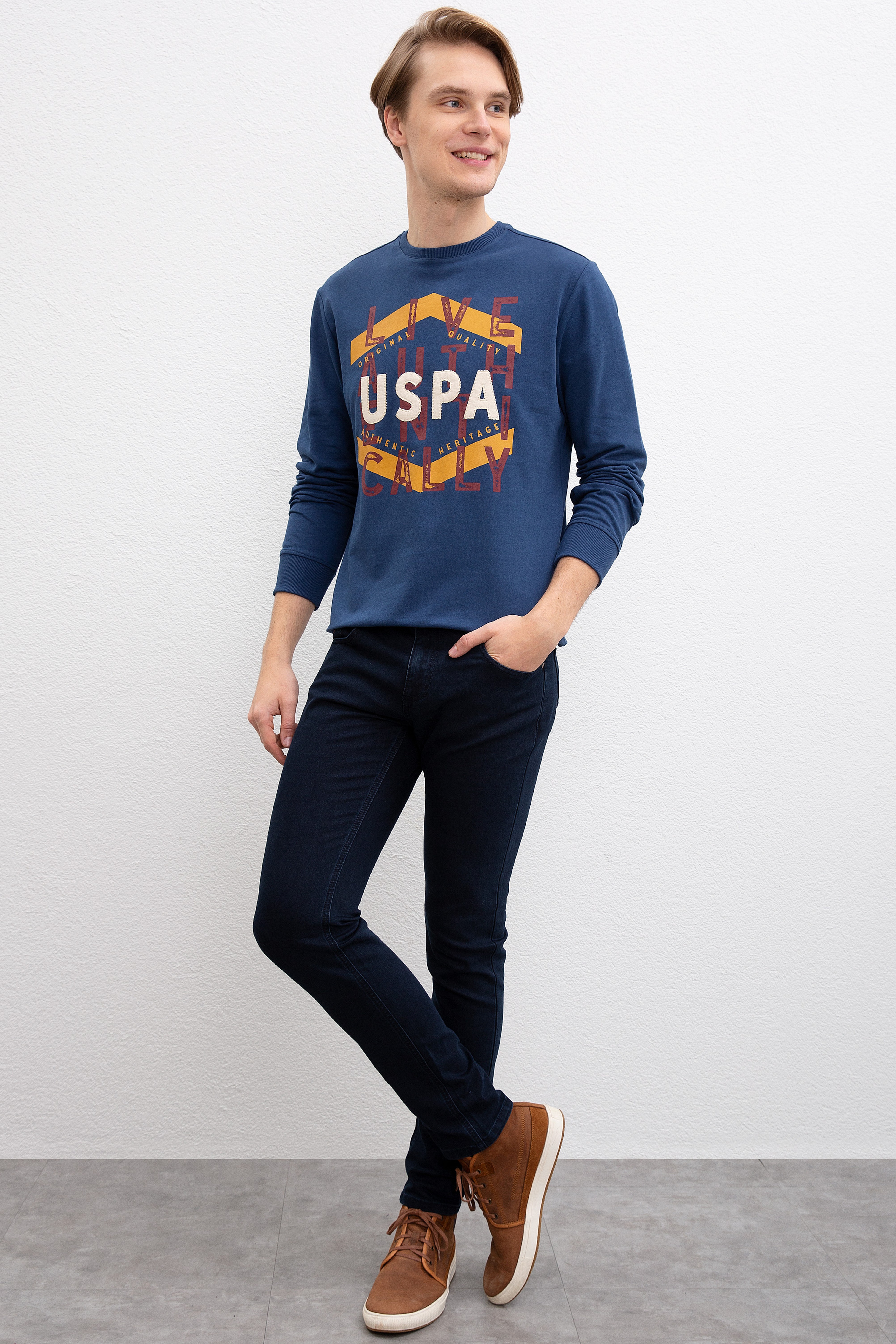 Erkek Açık Lacivert Bisiklet Yaka Sweatshirt - Image 4