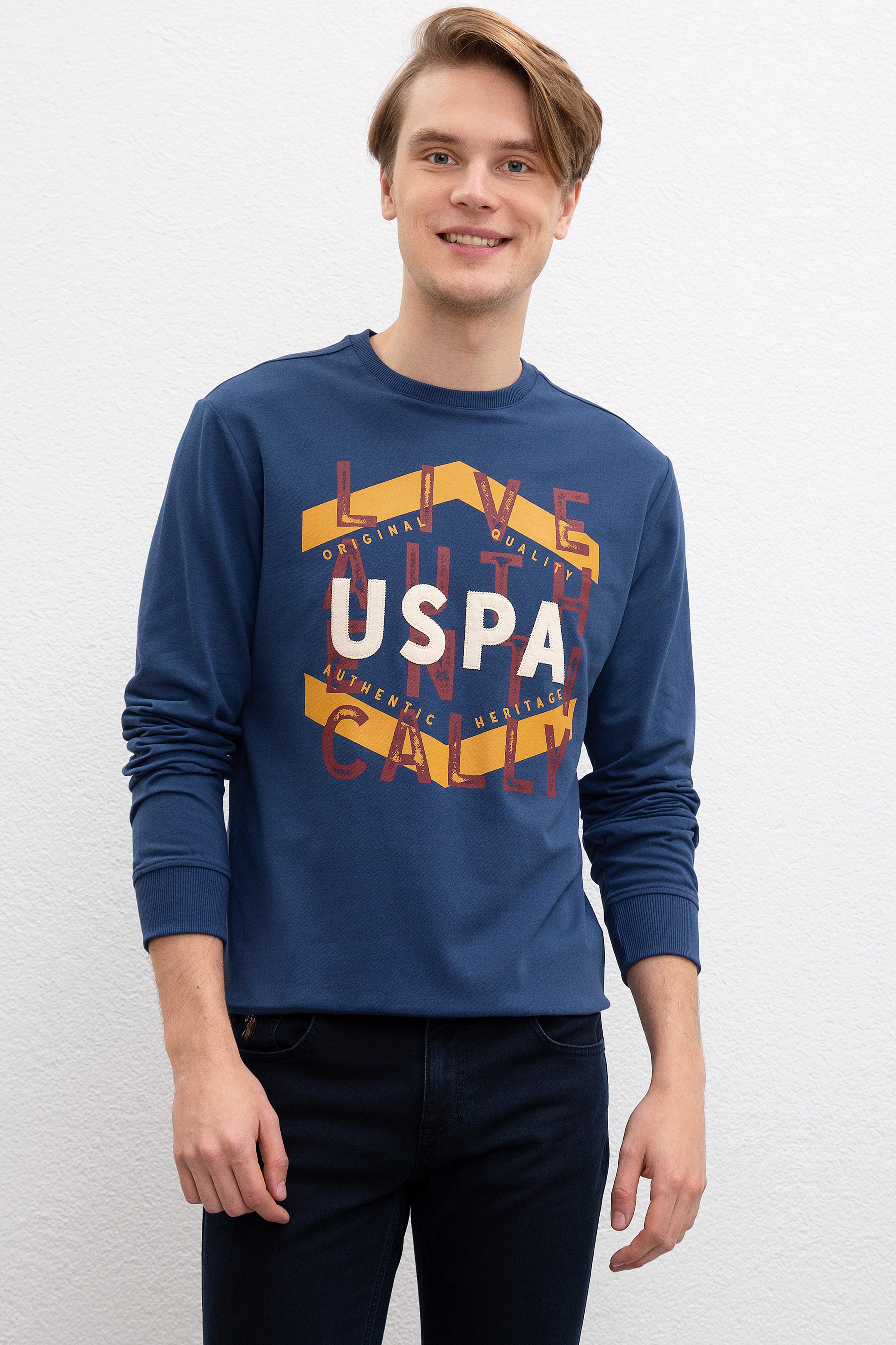 Erkek Açık Lacivert Bisiklet Yaka Sweatshirt