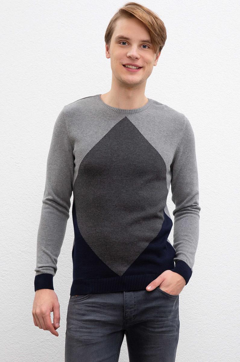 Erkek Gri Melanj Bisiklet Yaka Triko Kazak