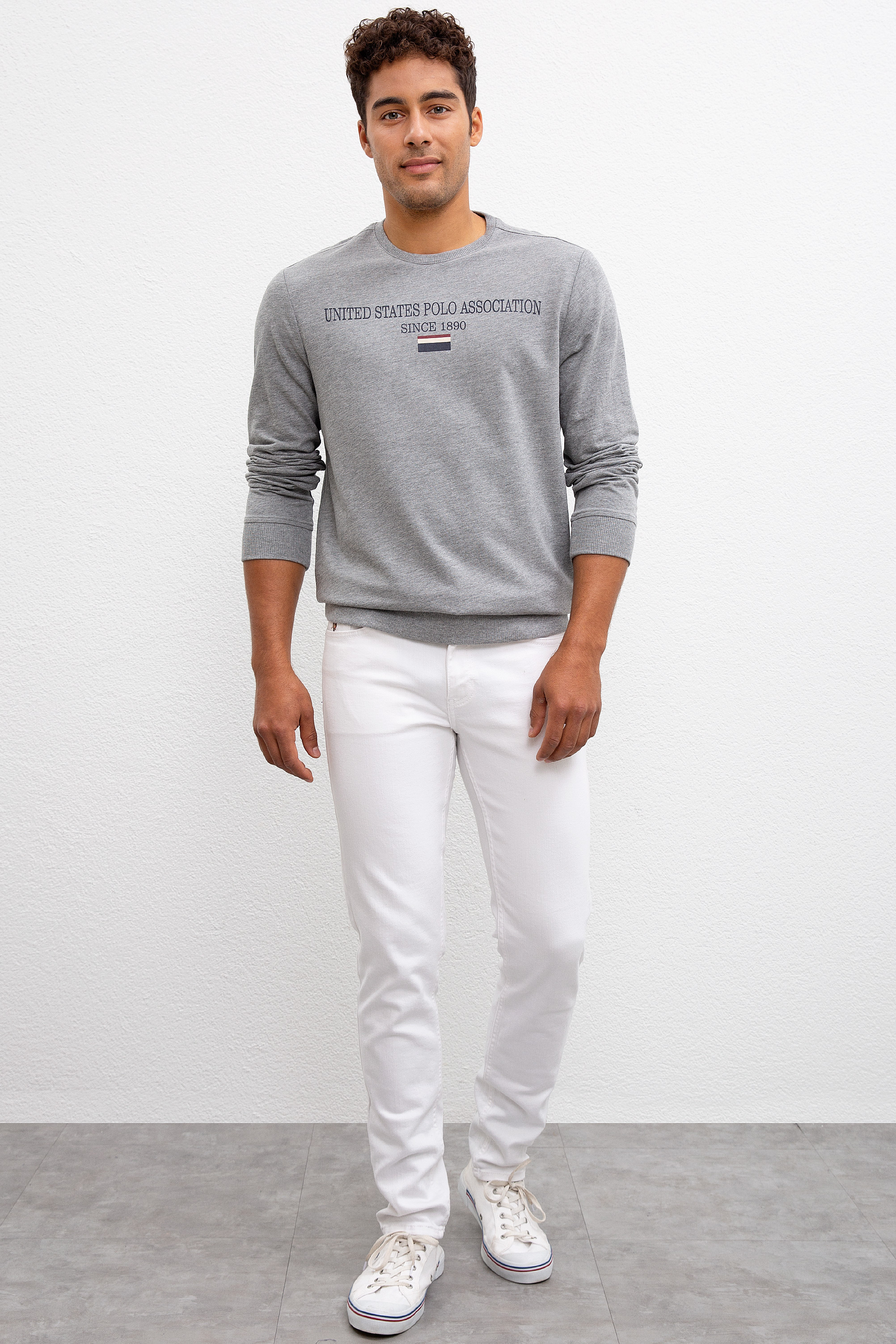 Erkek Gri Melanj Bisiklet Yaka Sweatshirt - Image 5
