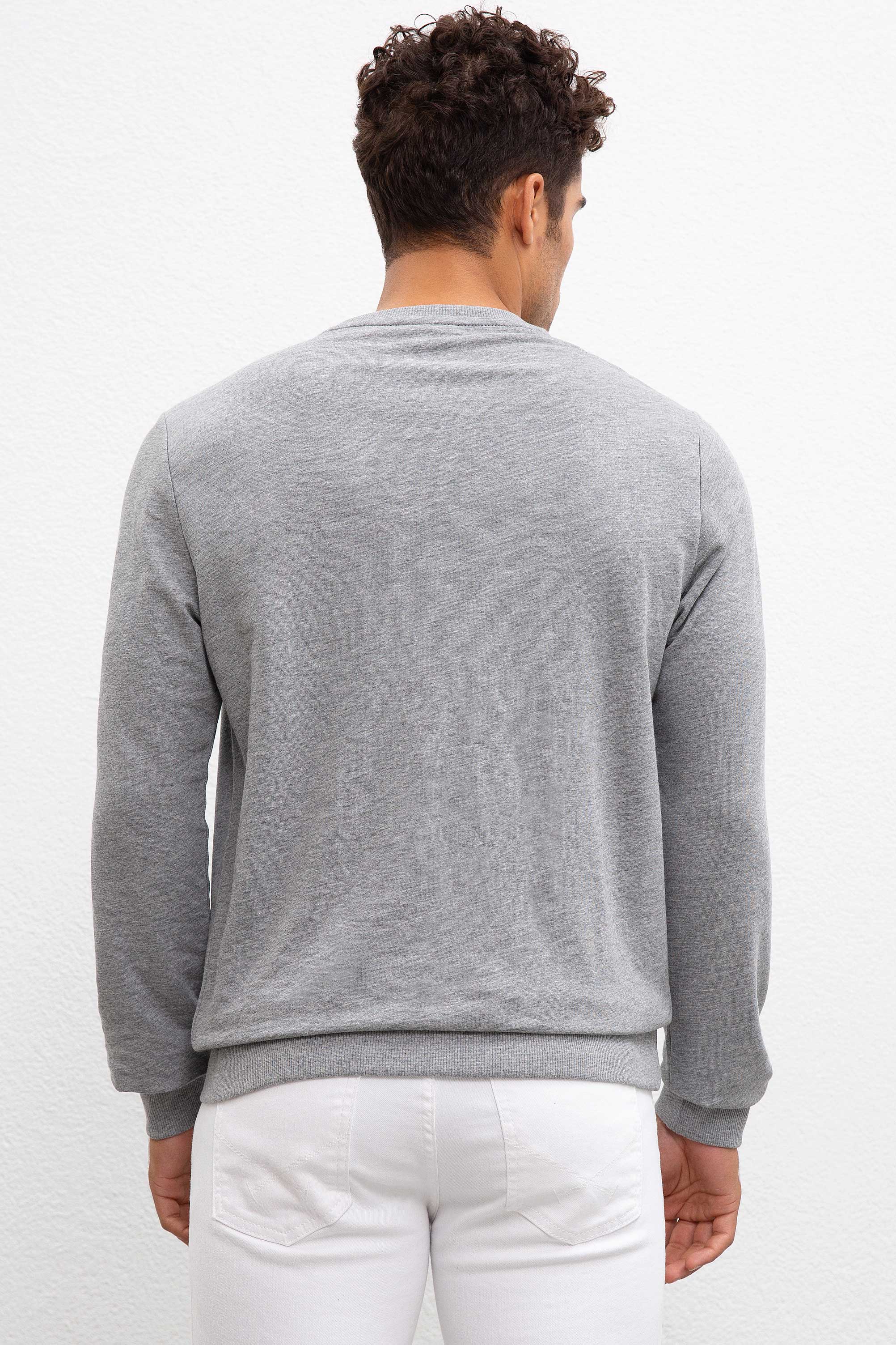 Erkek Gri Melanj Bisiklet Yaka Sweatshirt - Image 2