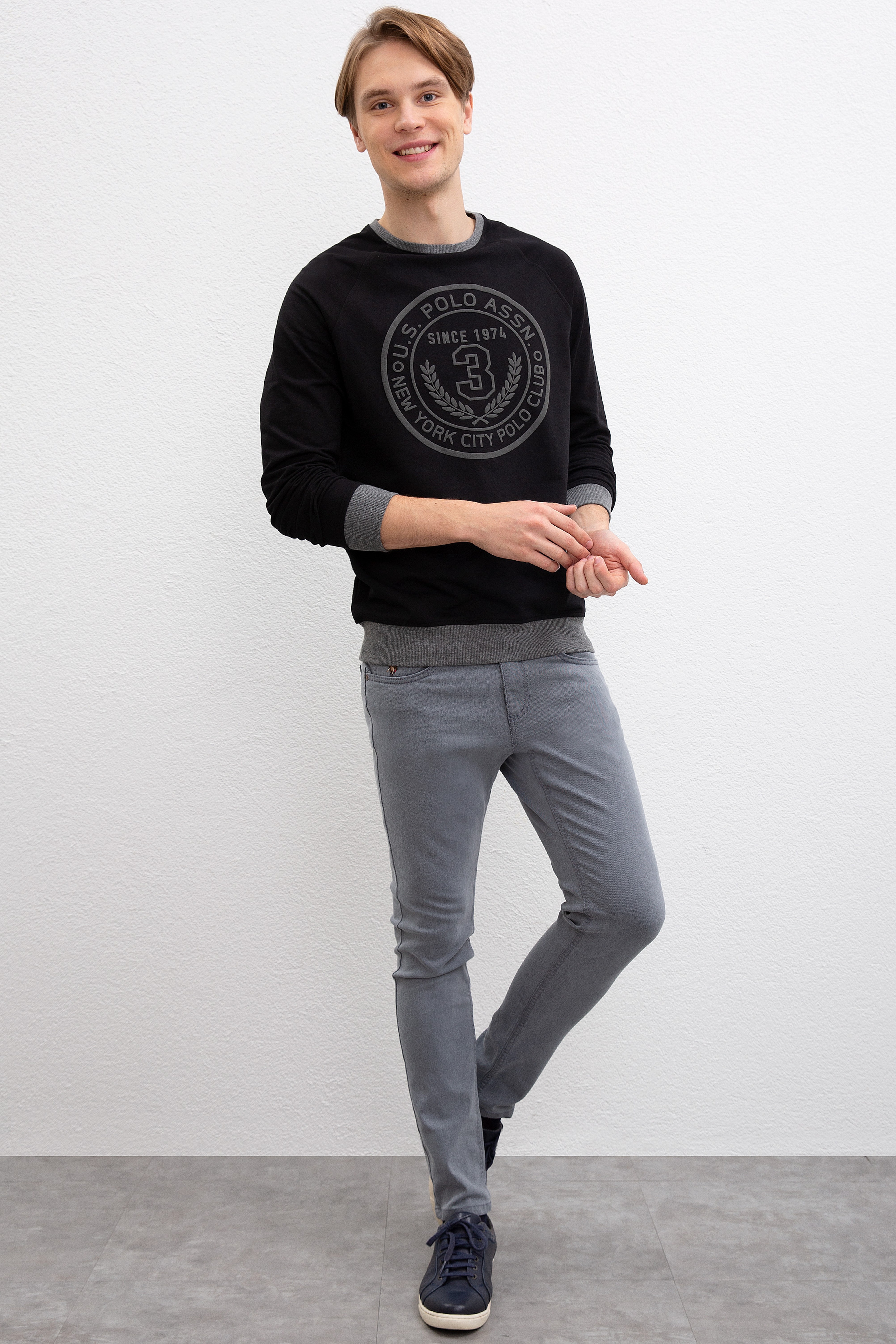 Erkek Siyah Bisiklet Yaka Sweatshirt