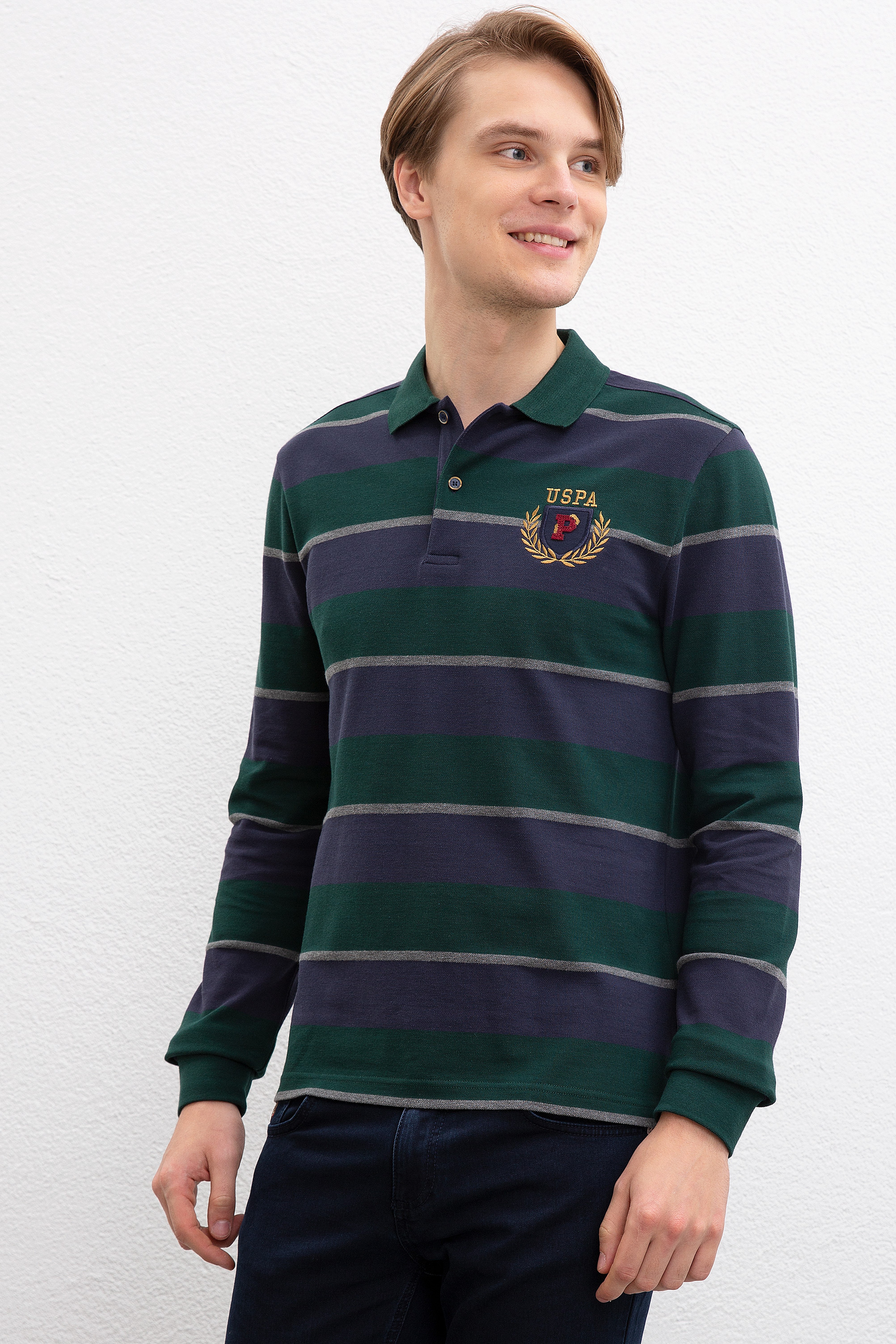Erkek Koyu Yeşil Polo Yaka Sweatshirt - Image 1
