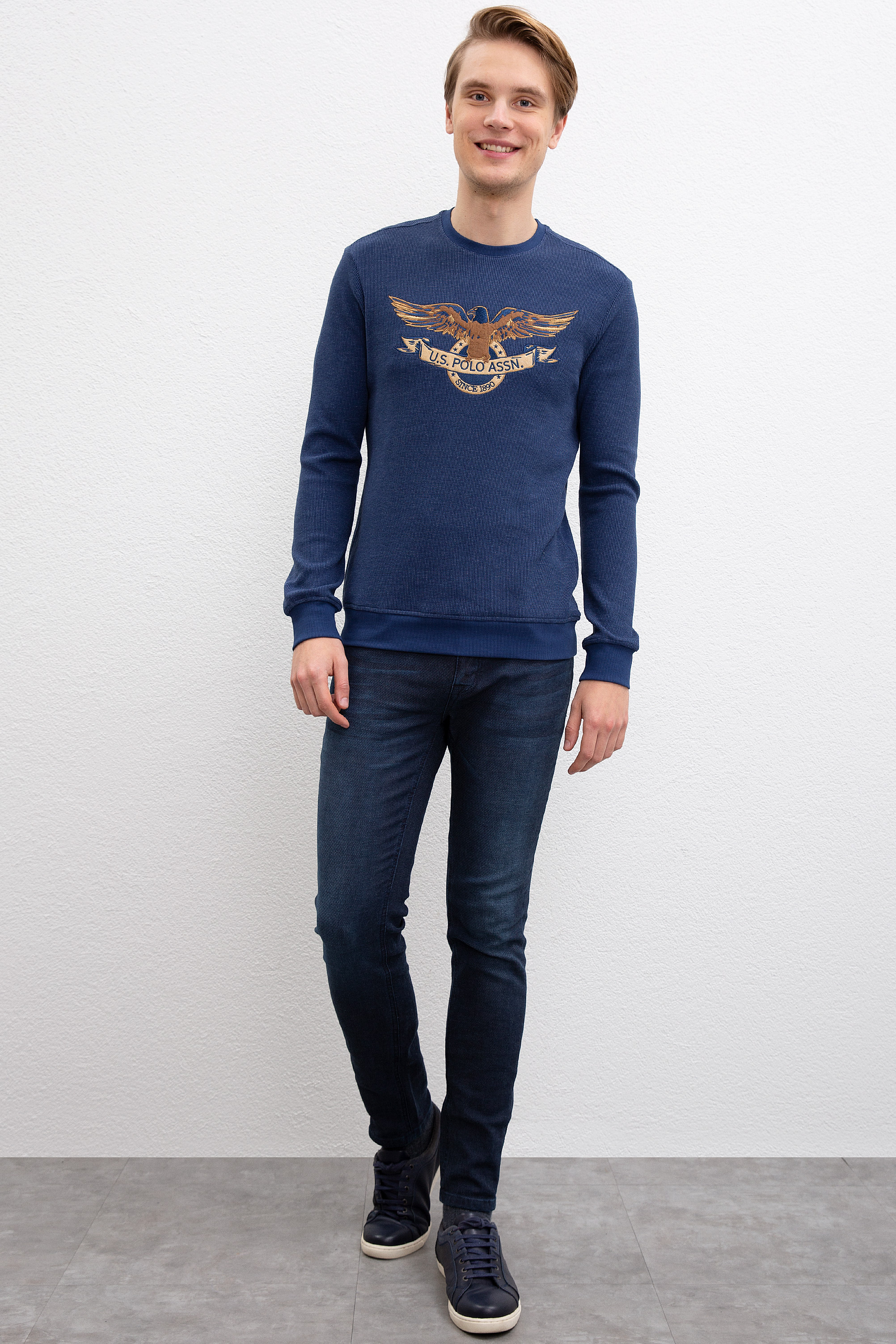 Erkek Açık Lacivert Bisiklet Yaka Sweatshirt - Image 4