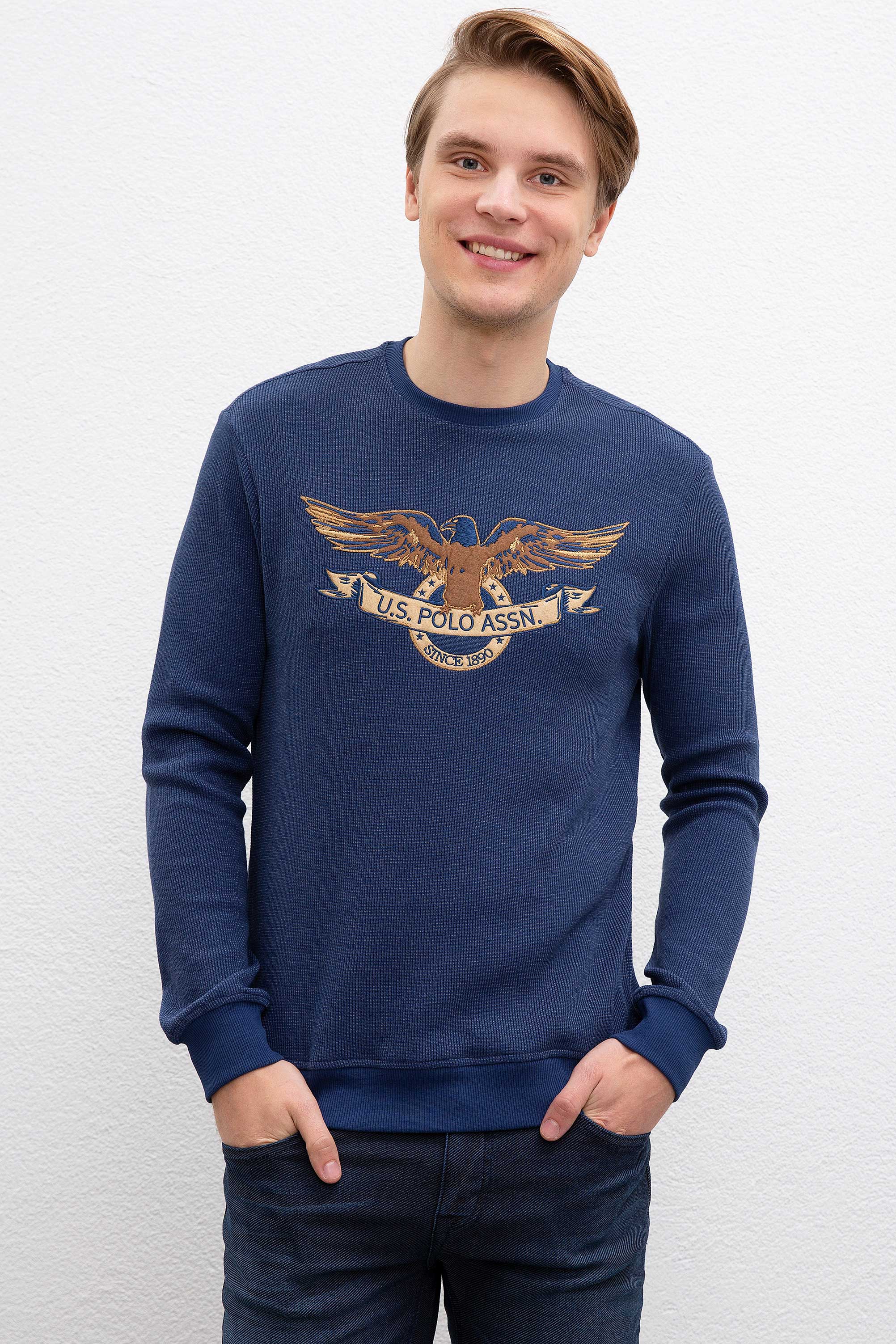 Erkek Açık Lacivert Bisiklet Yaka Sweatshirt