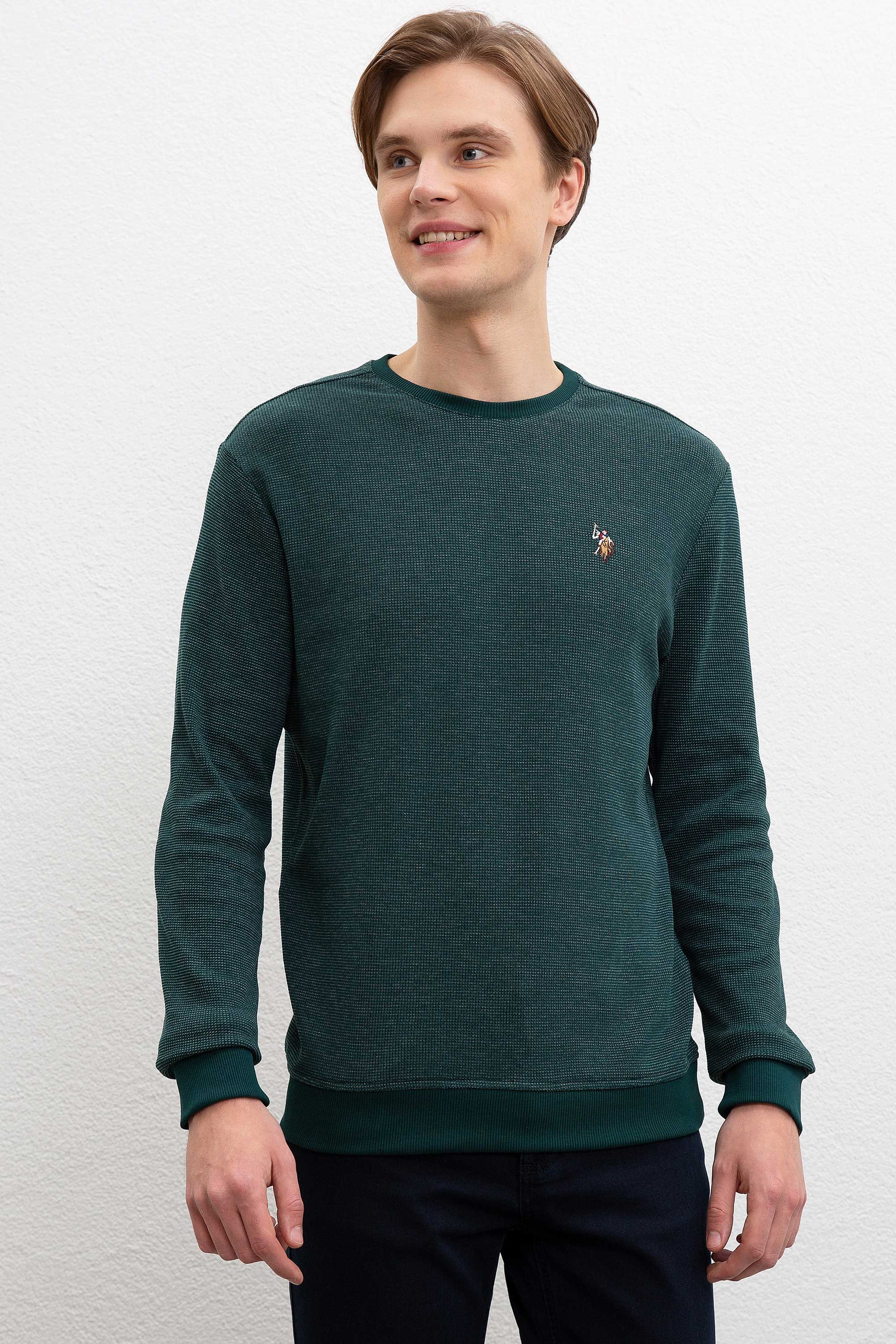 Erkek Koyu Yeşil Bisiklet Yaka Sweatshirt - Image 1