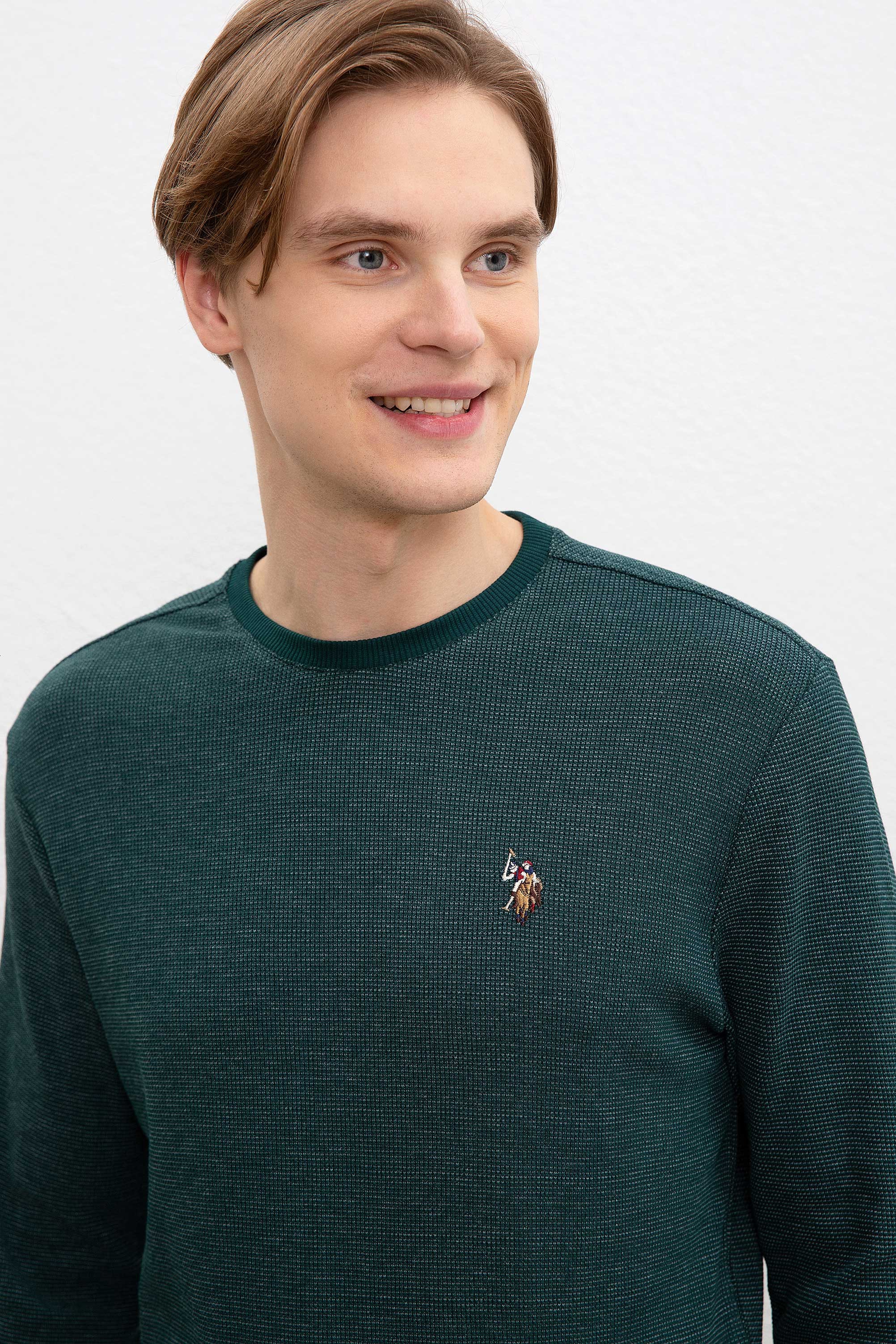 Erkek Koyu Yeşil Bisiklet Yaka Sweatshirt - Image 2