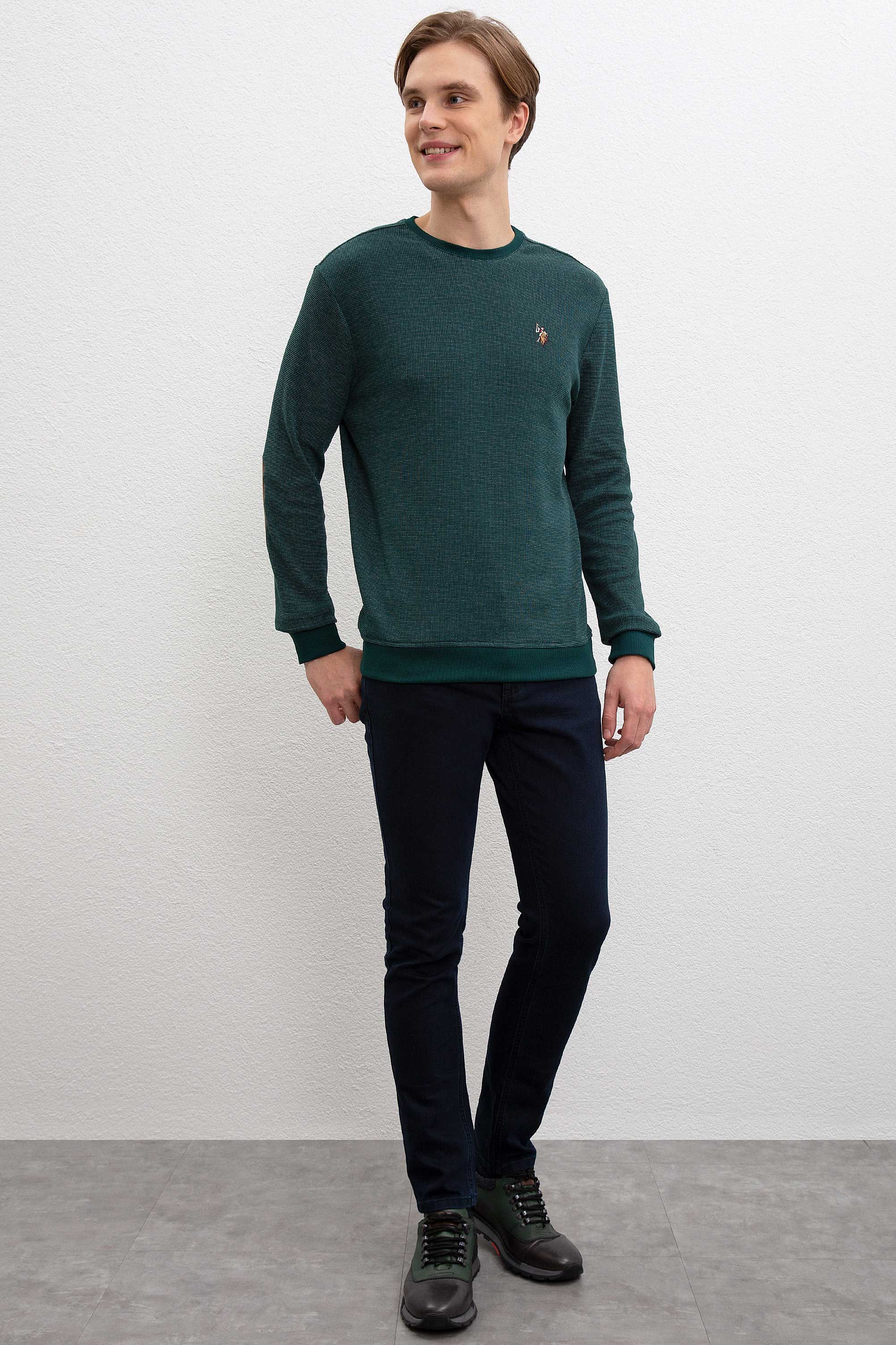 Erkek Koyu Yeşil Bisiklet Yaka Sweatshirt