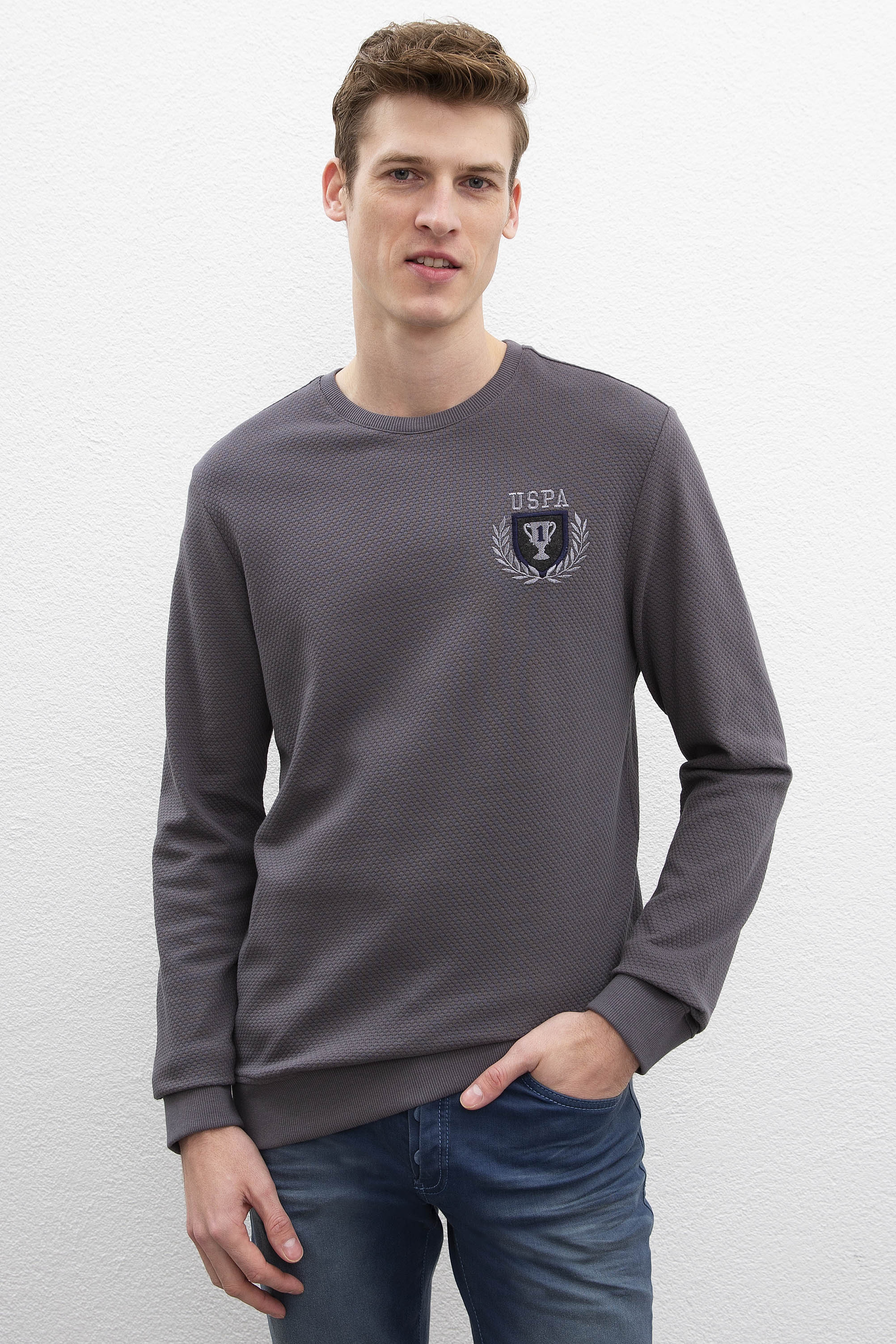 Erkek Antrasit Bisiklet Yaka Sweatshirt - Image 1