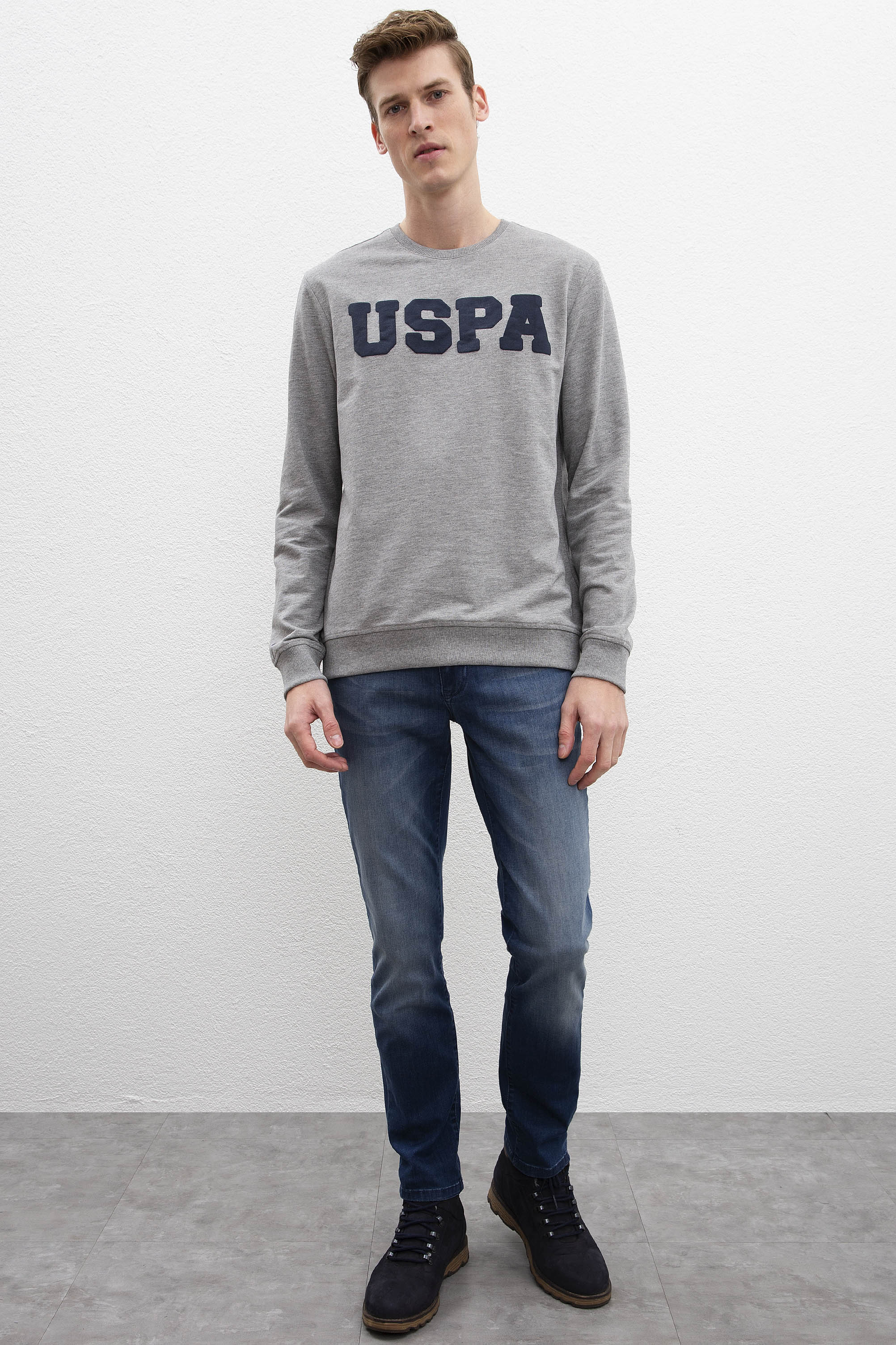 Erkek Gri Melanj Bisiklet Yaka Sweatshirt Basic - Image 4