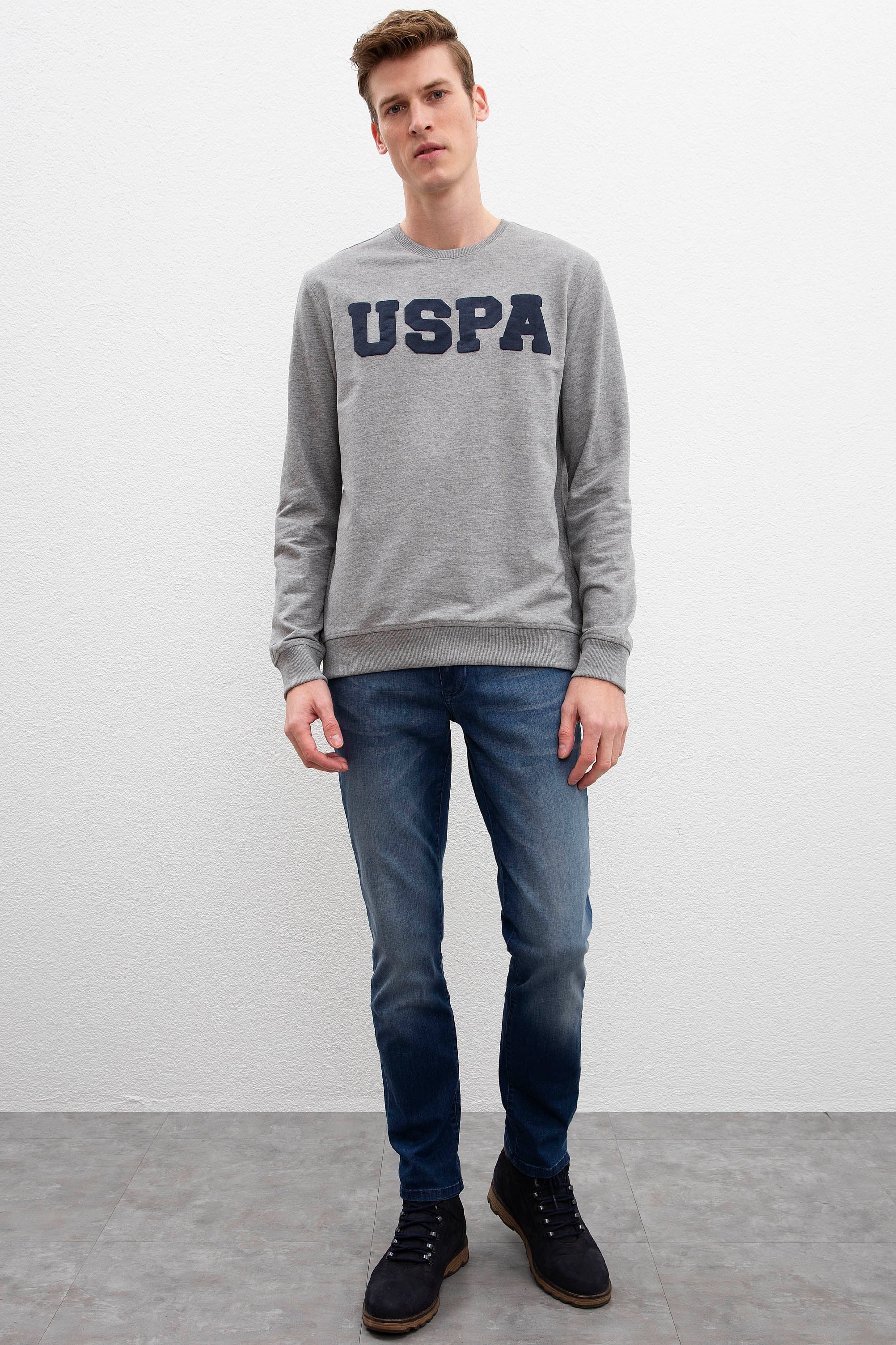 Erkek Gri Melanj Bisiklet Yaka Sweatshirt Basic