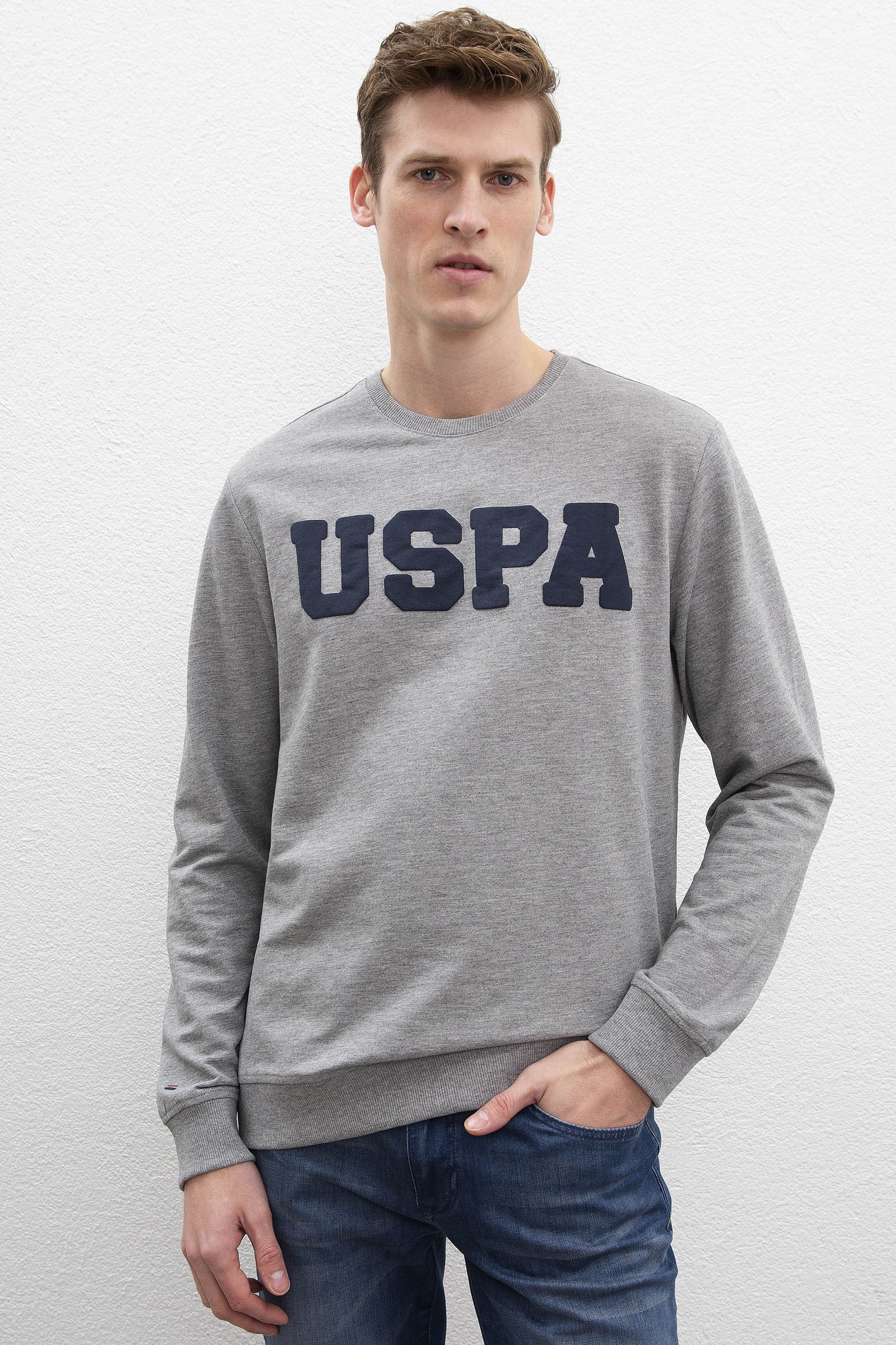 Erkek Gri Melanj Bisiklet Yaka Sweatshirt Basic - Image 1