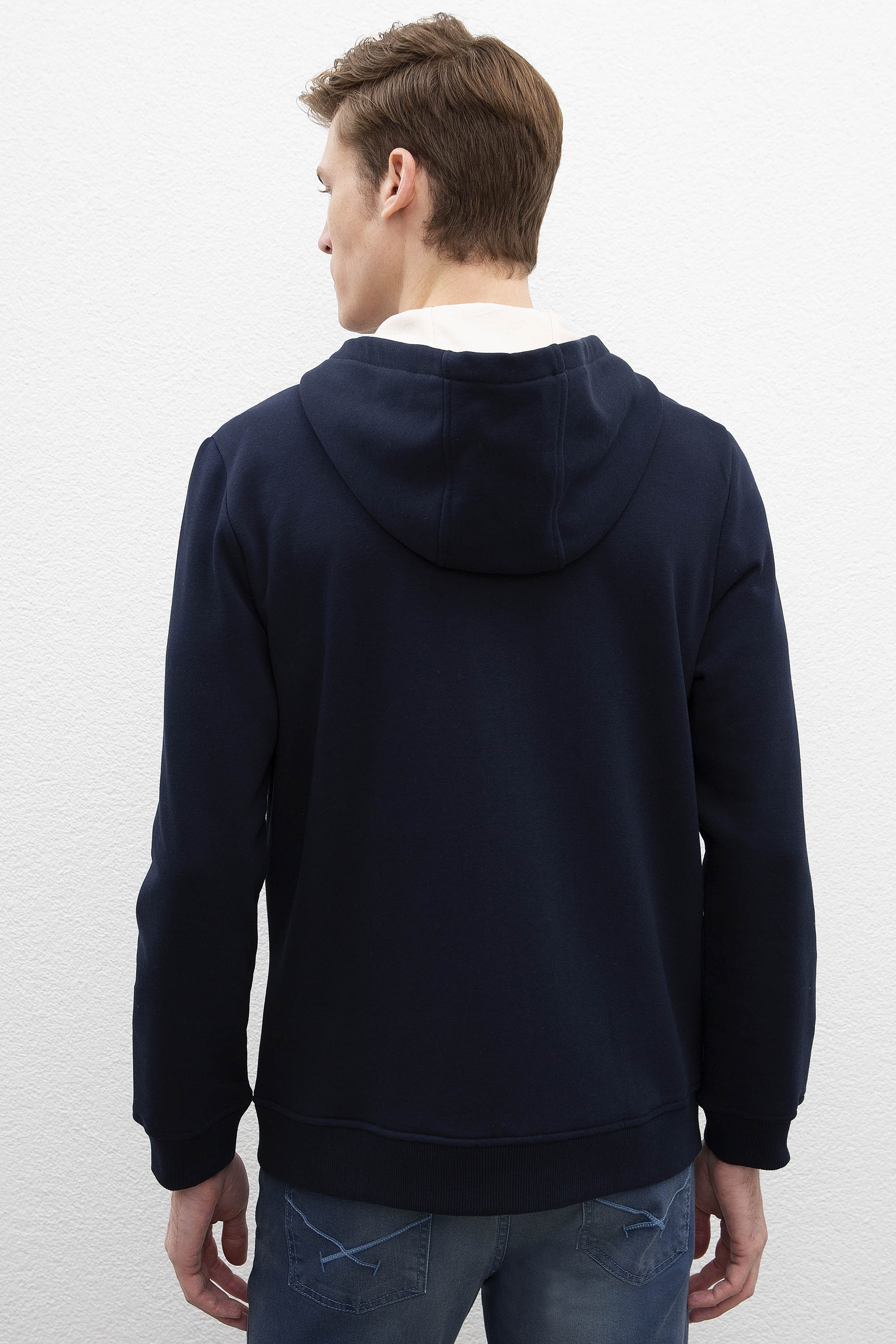 Erkek Lacivert Kapüşonlu Fermuarlı Sweatshirt - Image 3
