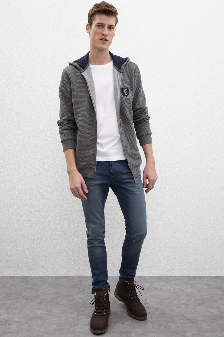 Erkek Antrasit Melanj Kapüşonlu Fermuarlı Sweatshirt - 50207890001