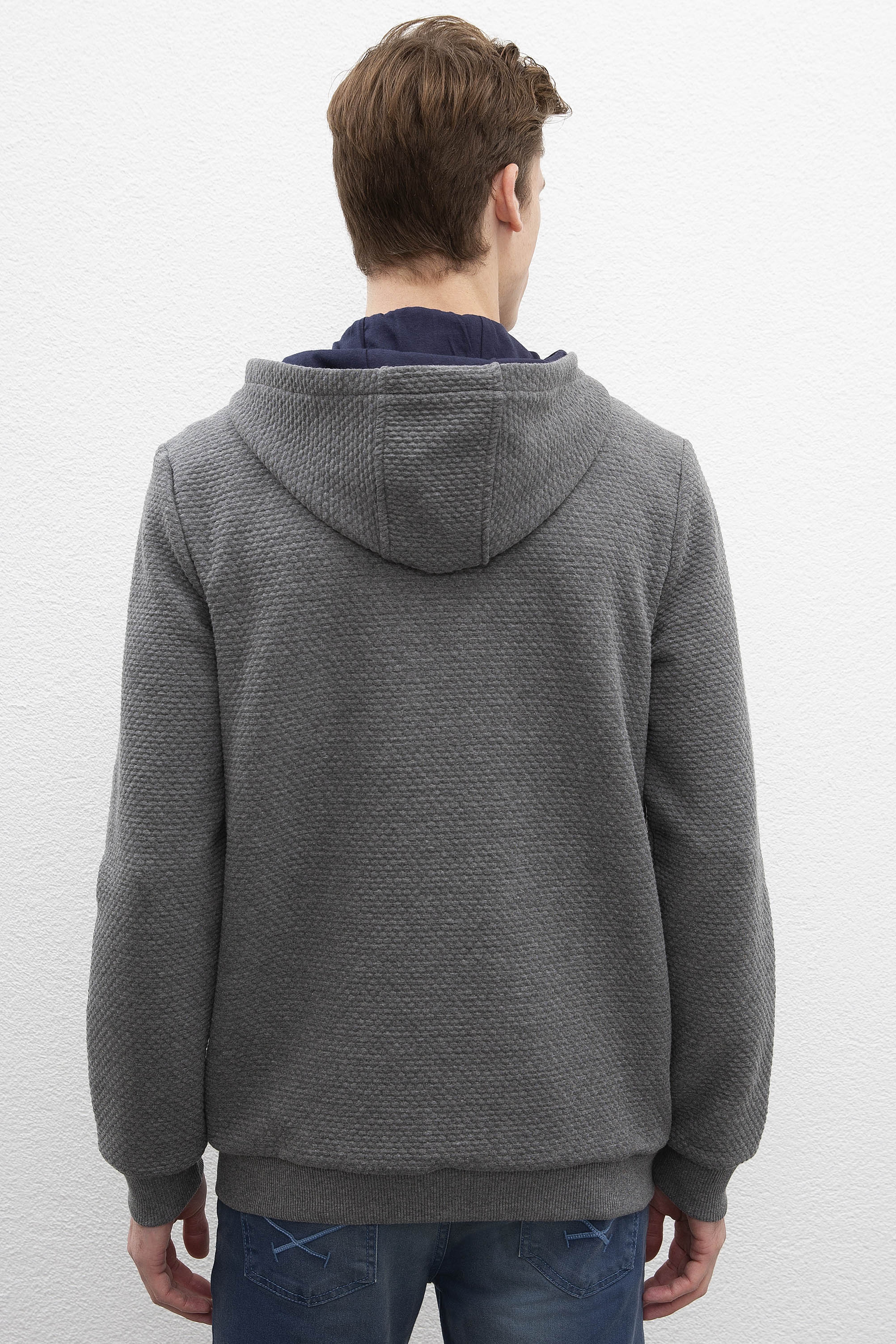 Erkek Antrasit Melanj Kapüşonlu Fermuarlı Sweatshirt - Image 3