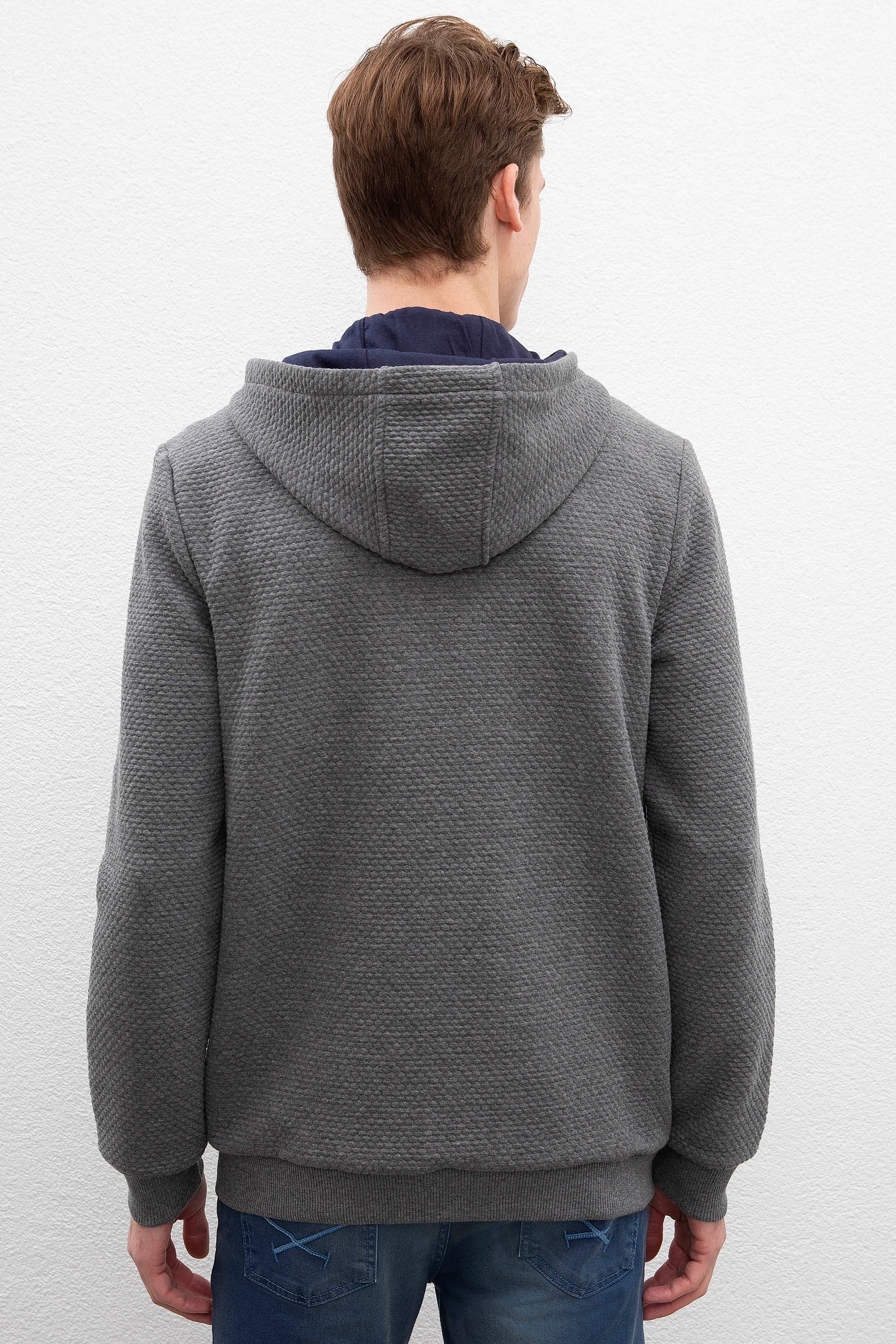 Erkek Antrasit Melanj Kapüşonlu Fermuarlı Sweatshirt