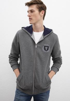 Erkek Antrasit Melanj Kapüşonlu Fermuarlı Sweatshirt - 50207890001