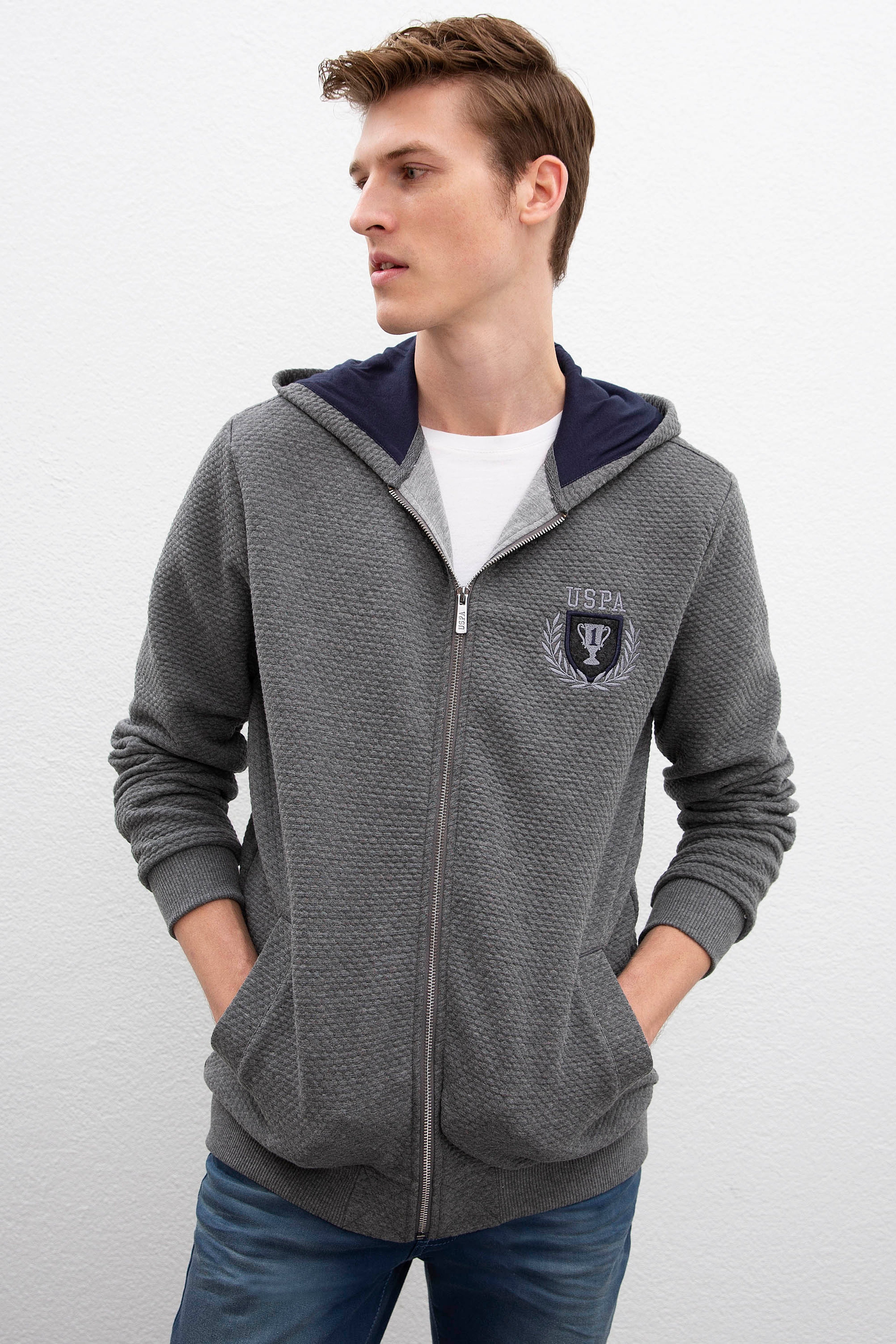Erkek Antrasit Melanj Kapüşonlu Fermuarlı Sweatshirt - Image 1