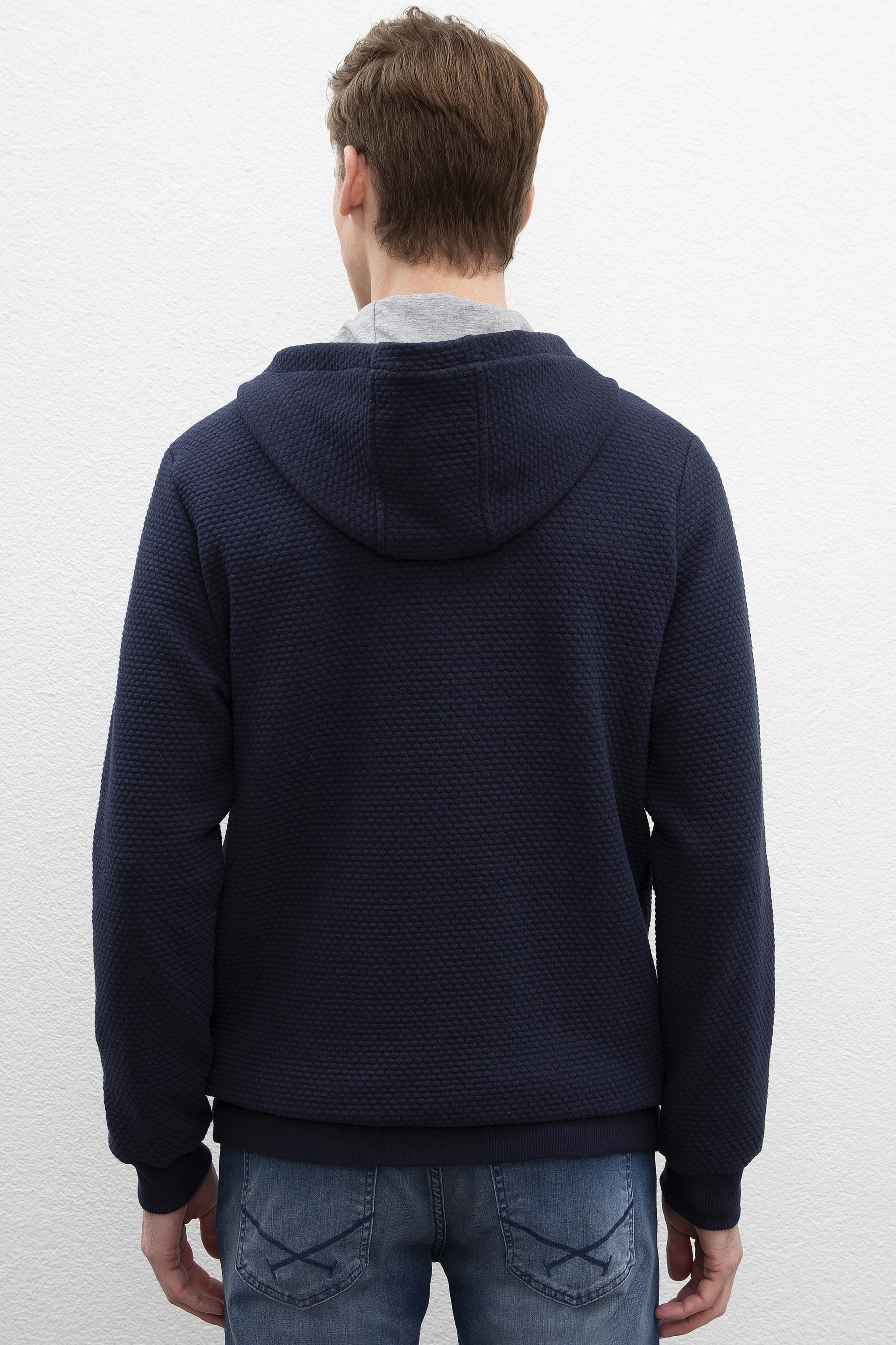 Erkek Lacivert Kapüşonlu Fermuarlı Sweatshirt - Image 3
