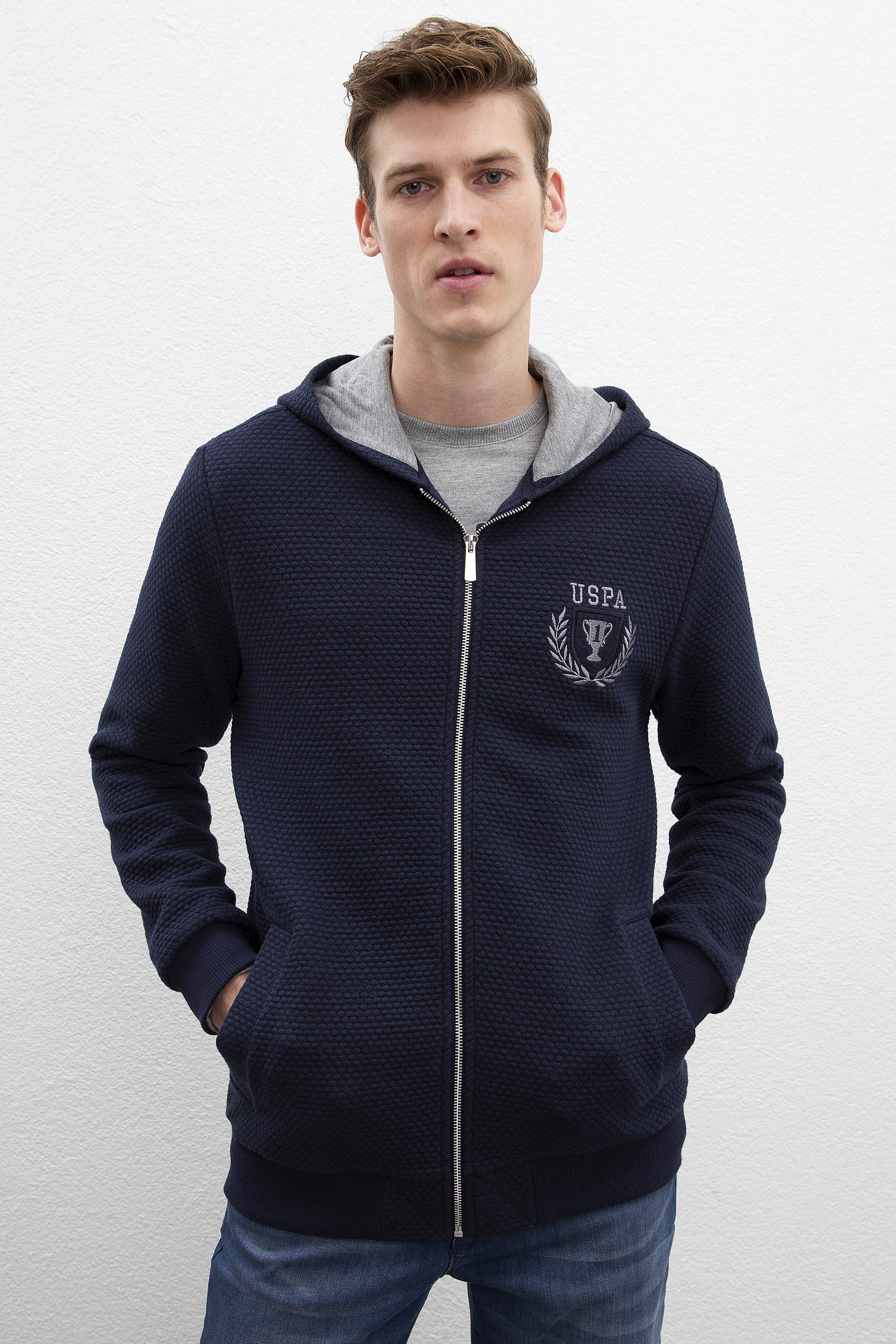 Erkek Lacivert Kapüşonlu Fermuarlı Sweatshirt - Image 1