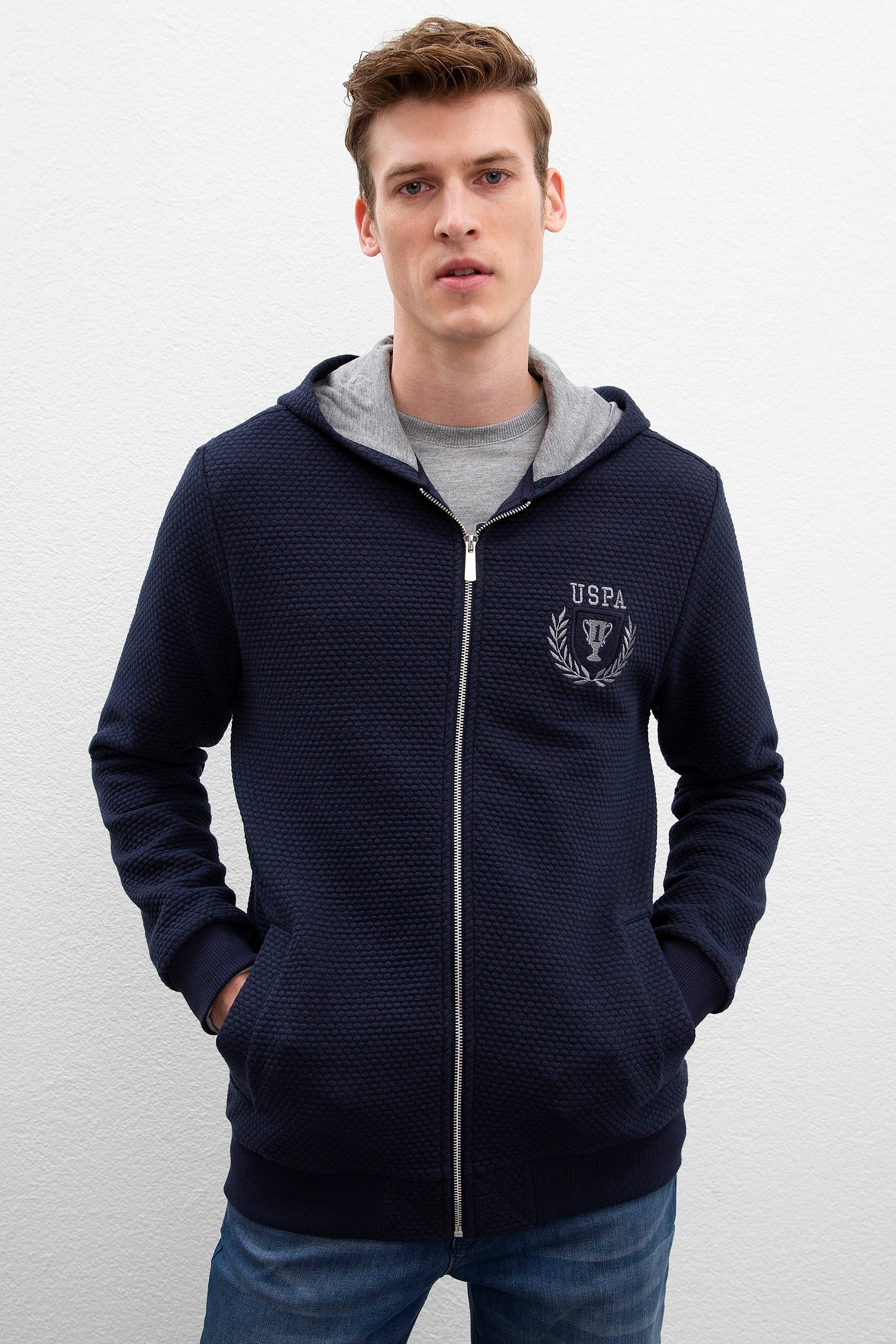 Erkek Lacivert Kapüşonlu Fermuarlı Sweatshirt