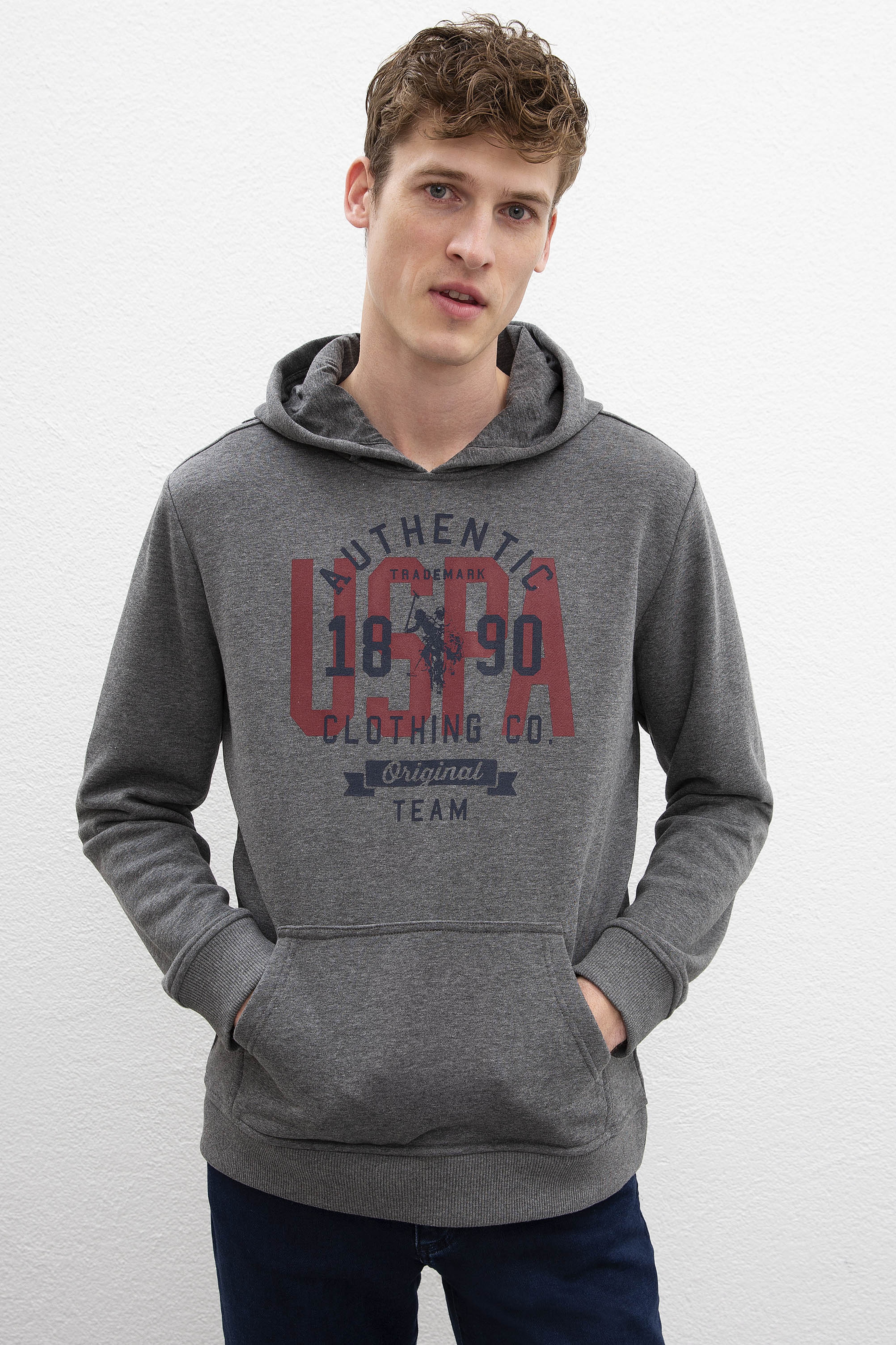 Erkek Antrasit Melanj Kapüşonlu Sweatshirt - Image 1