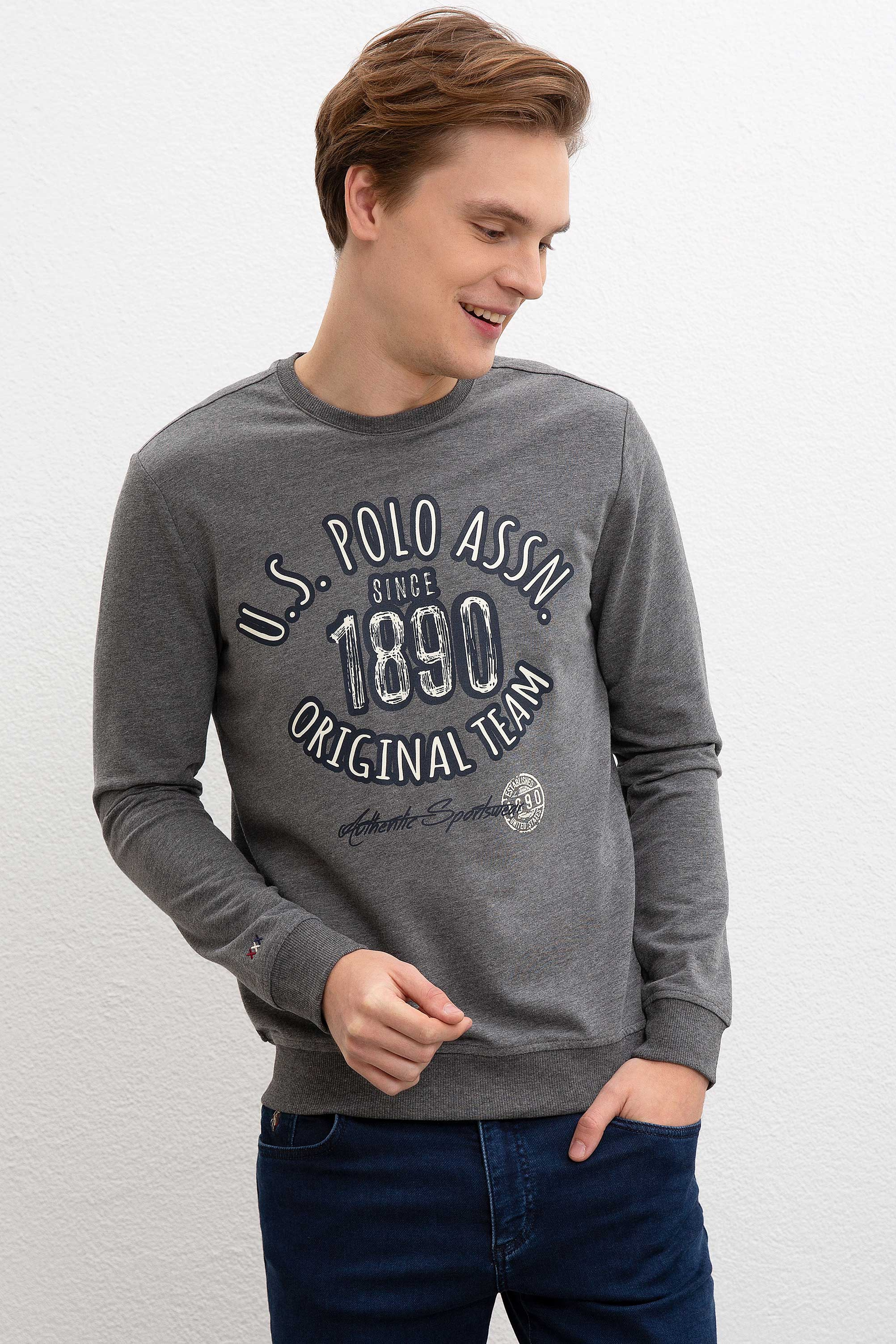 Erkek Antrasit Melanj Bisiklet Yaka Sweatshirt - Image 1