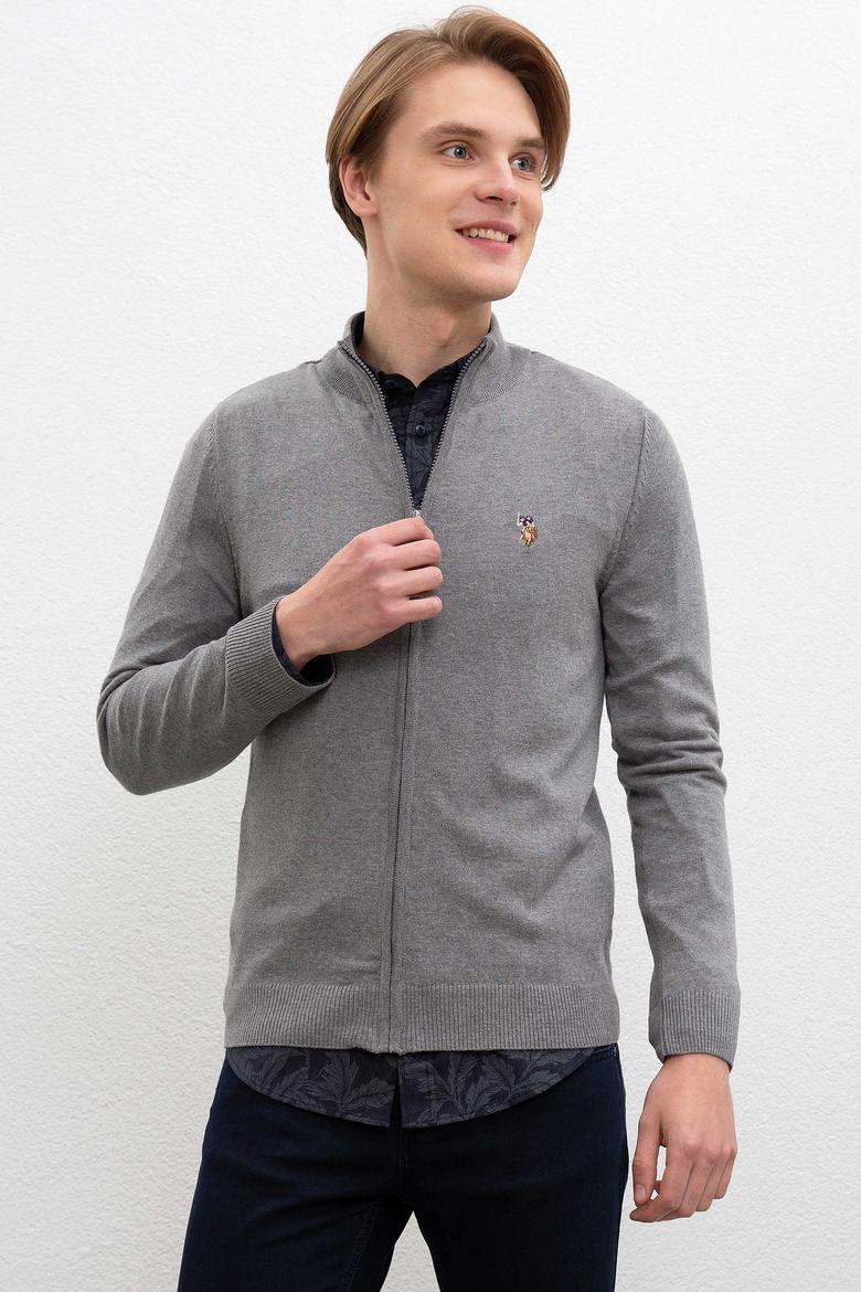 Erkek Gri Melanj  Triko Hırka Basic