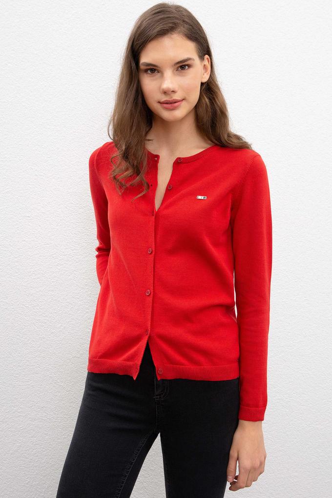 Kadın Kırmızı Triko Hırka Basic