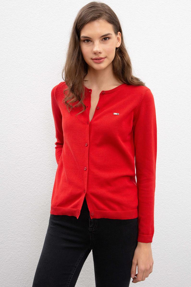 Kadın Kırmızı Triko Hırka Basic