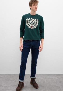 Erkek Koyu Yeşil Bisiklet Yaka Sweatshirt - 50216295015