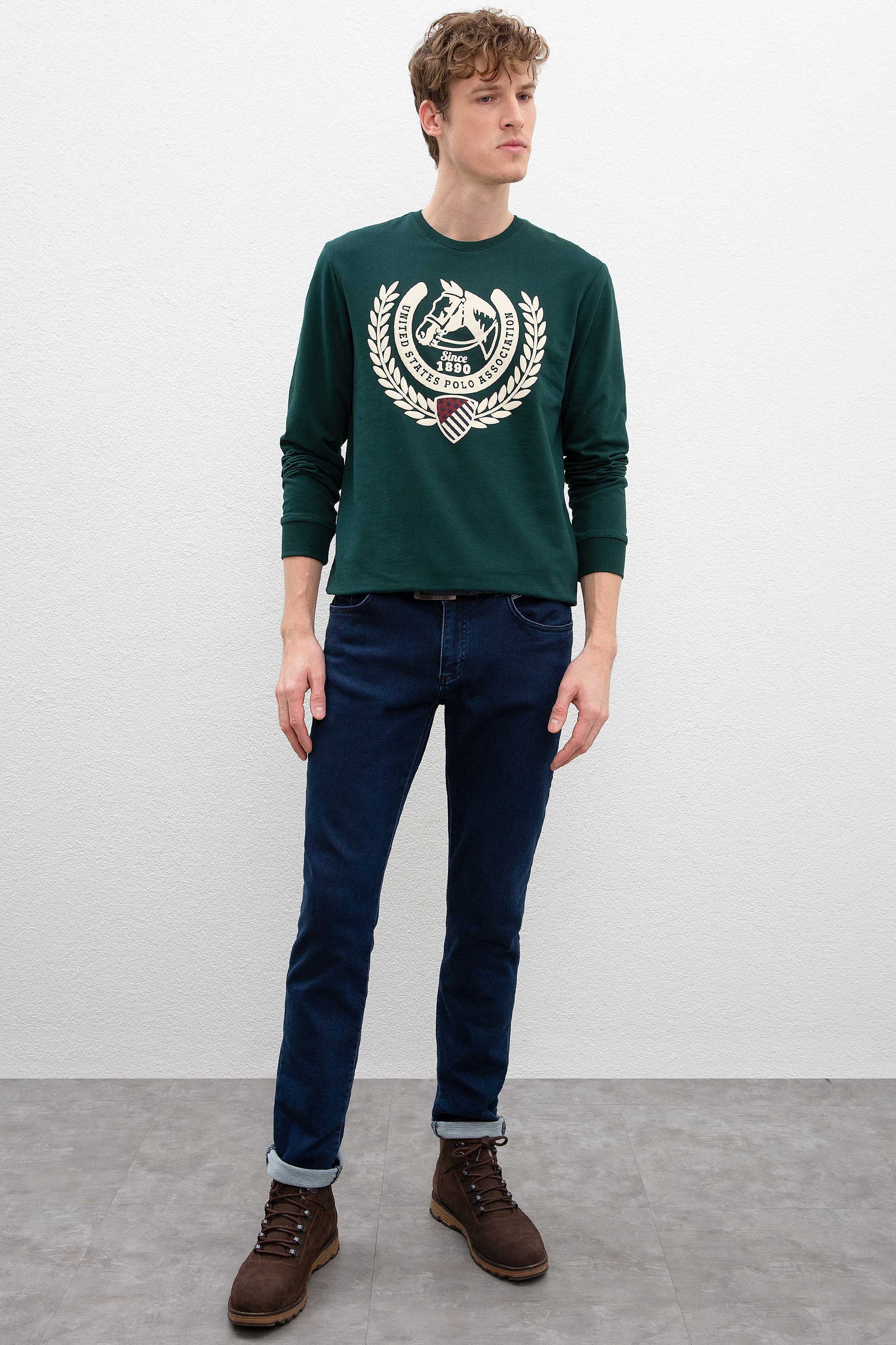 Erkek Koyu Yeşil Bisiklet Yaka Sweatshirt - Image 4