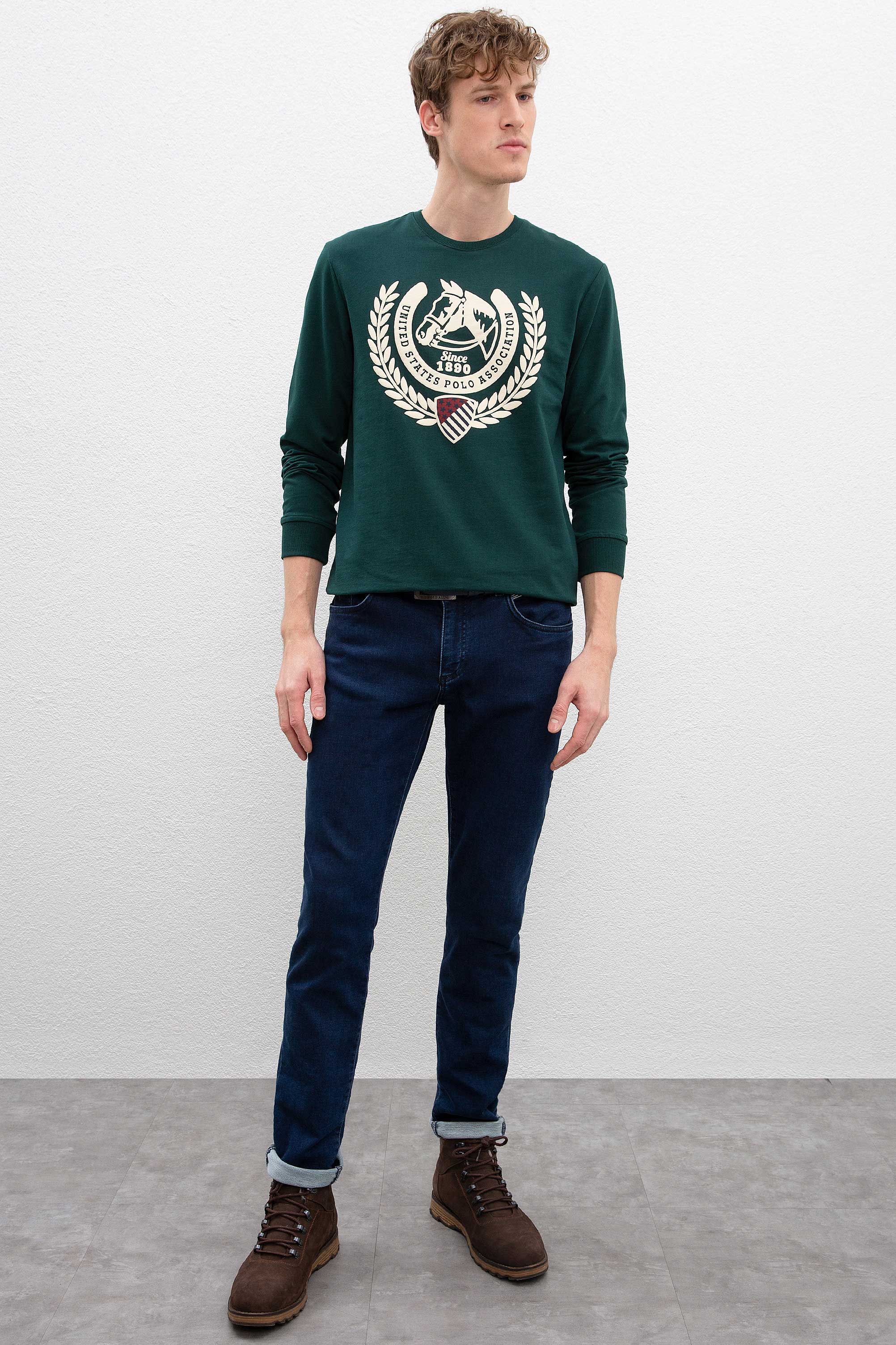 Erkek Koyu Yeşil Bisiklet Yaka Sweatshirt