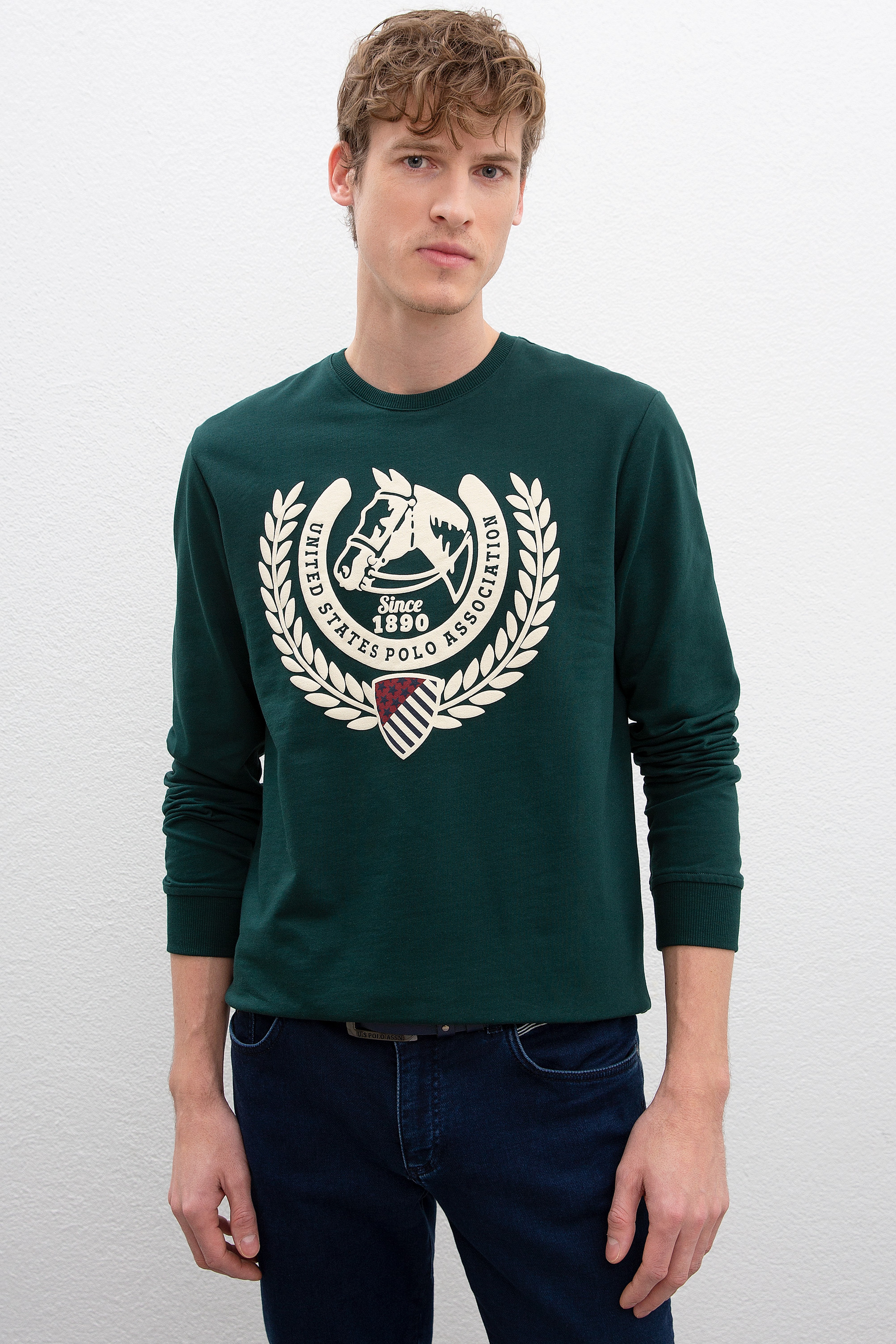 Erkek Koyu Yeşil Bisiklet Yaka Sweatshirt - Image 1