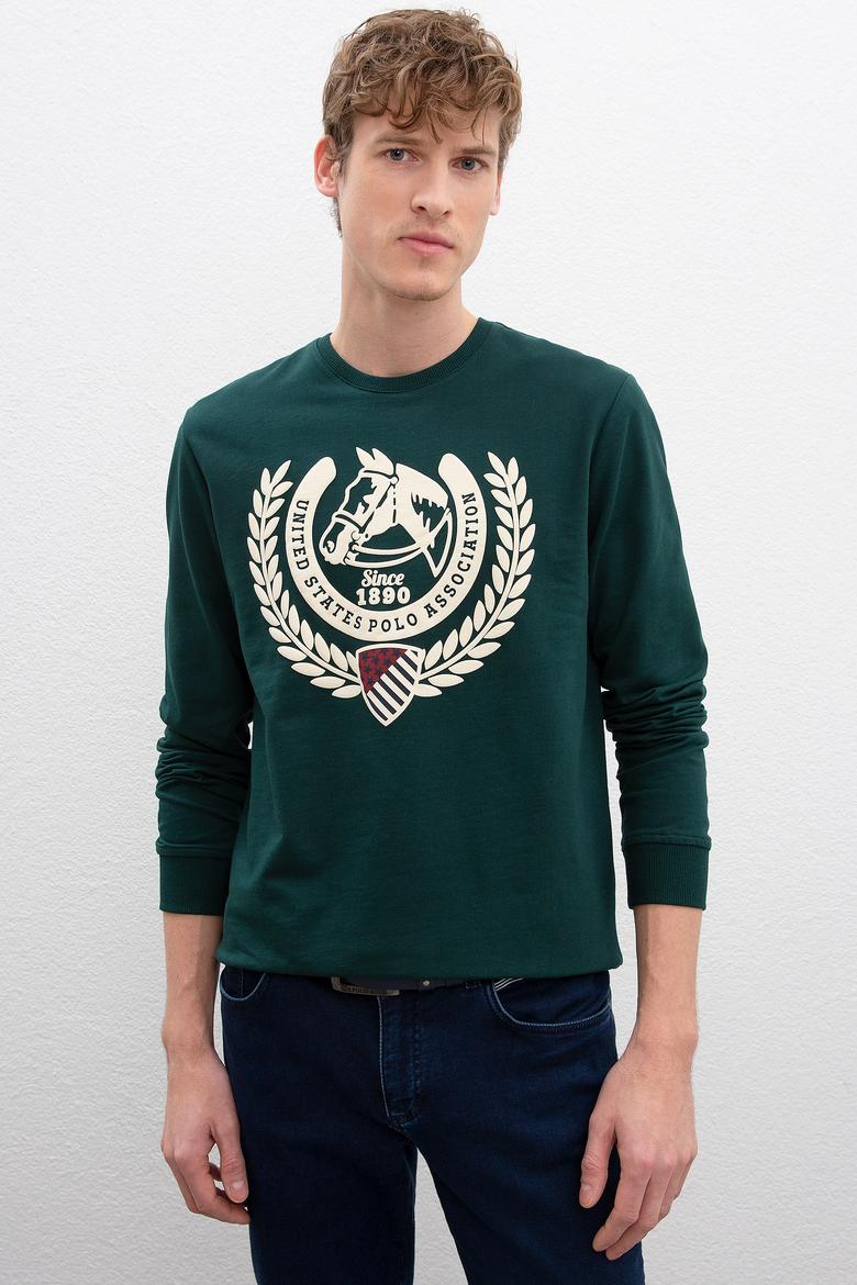 Erkek Koyu Yeşil Bisiklet Yaka Sweatshirt