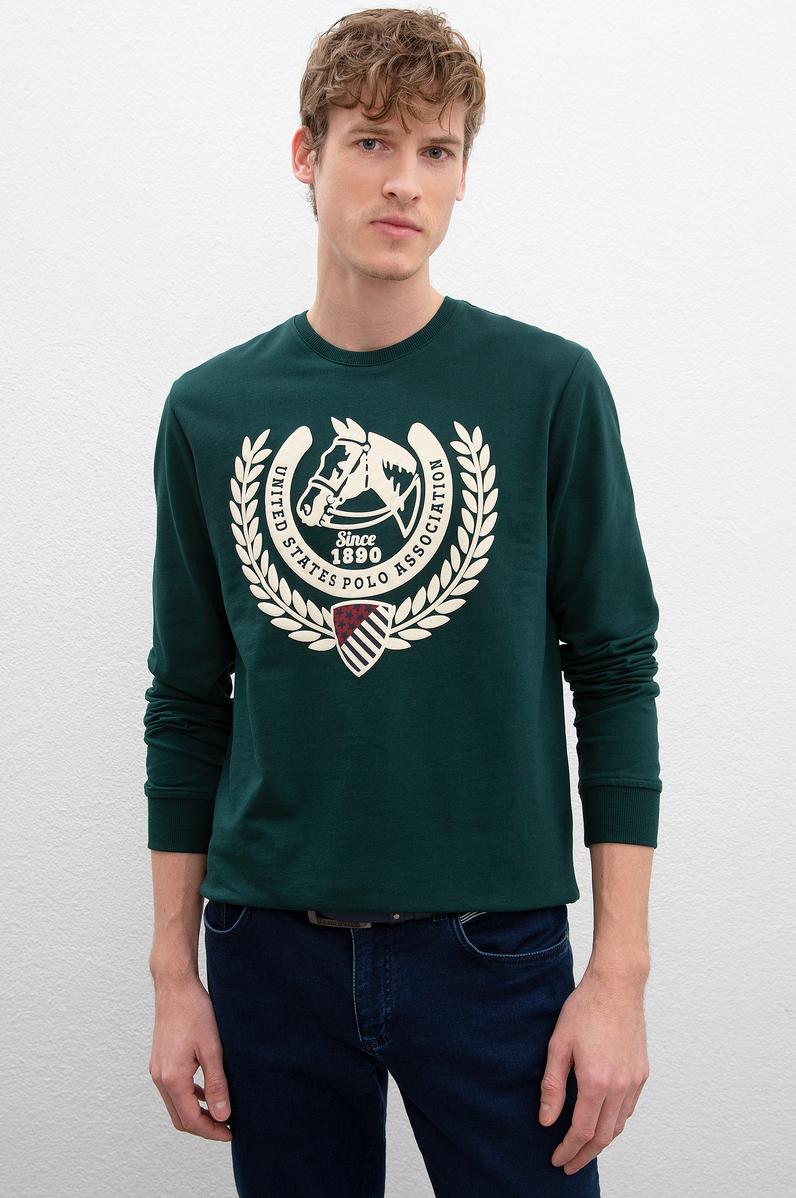 Erkek Koyu Yeşil Bisiklet Yaka Sweatshirt