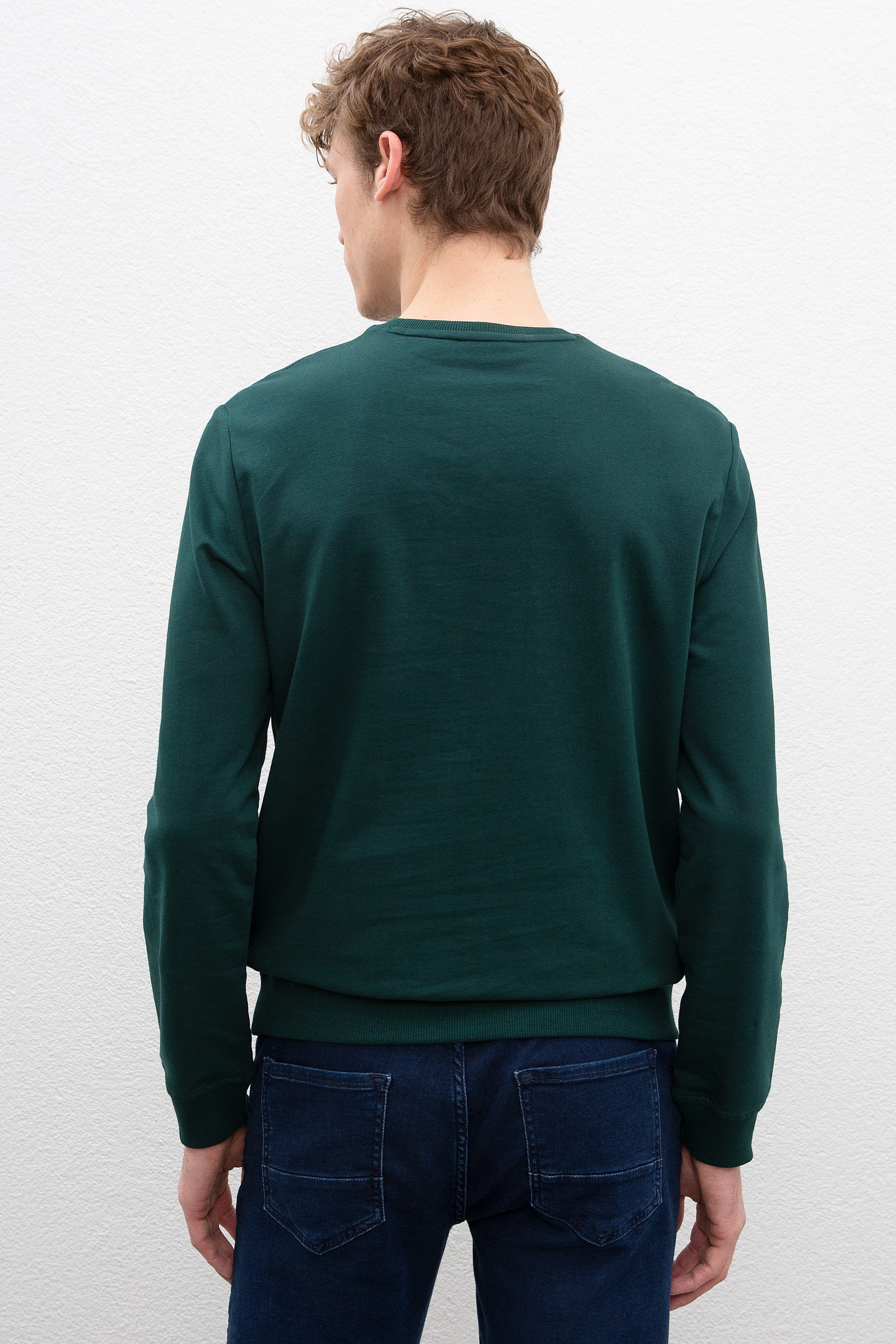 Erkek Koyu Yeşil Bisiklet Yaka Sweatshirt - Image 3