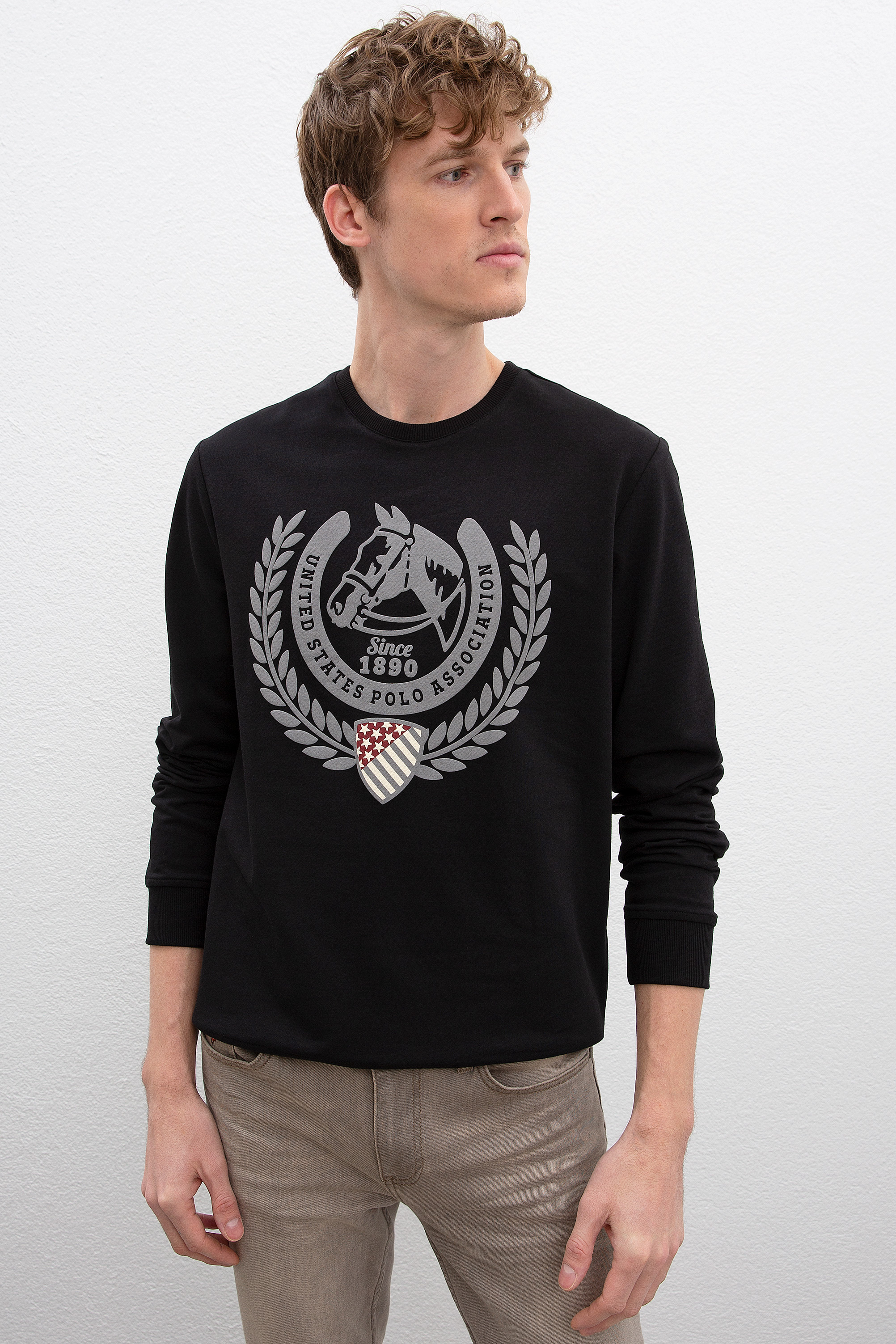 Erkek Siyah Bisiklet Yaka Sweatshirt - Image 1