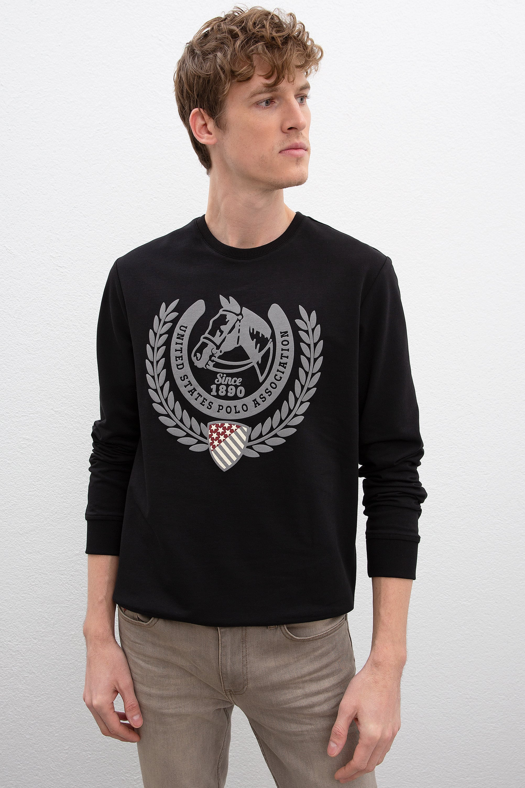 Erkek Siyah Bisiklet Yaka Sweatshirt