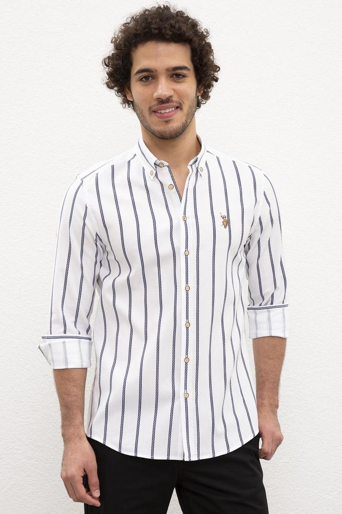 Erkek Lacivert Dikey Çizgili Gömlek Uzunkol