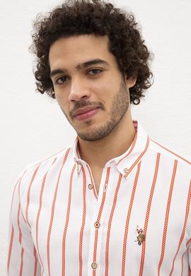 Erkek Kırmızı Dikey Çizgili Gömlek Uzunkol - 50218688004