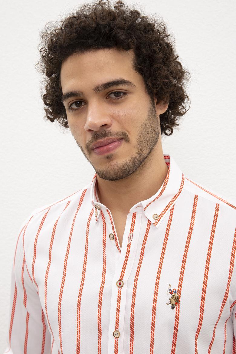 Erkek Kırmızı Dikey Çizgili Gömlek Uzunkol - 50218688004