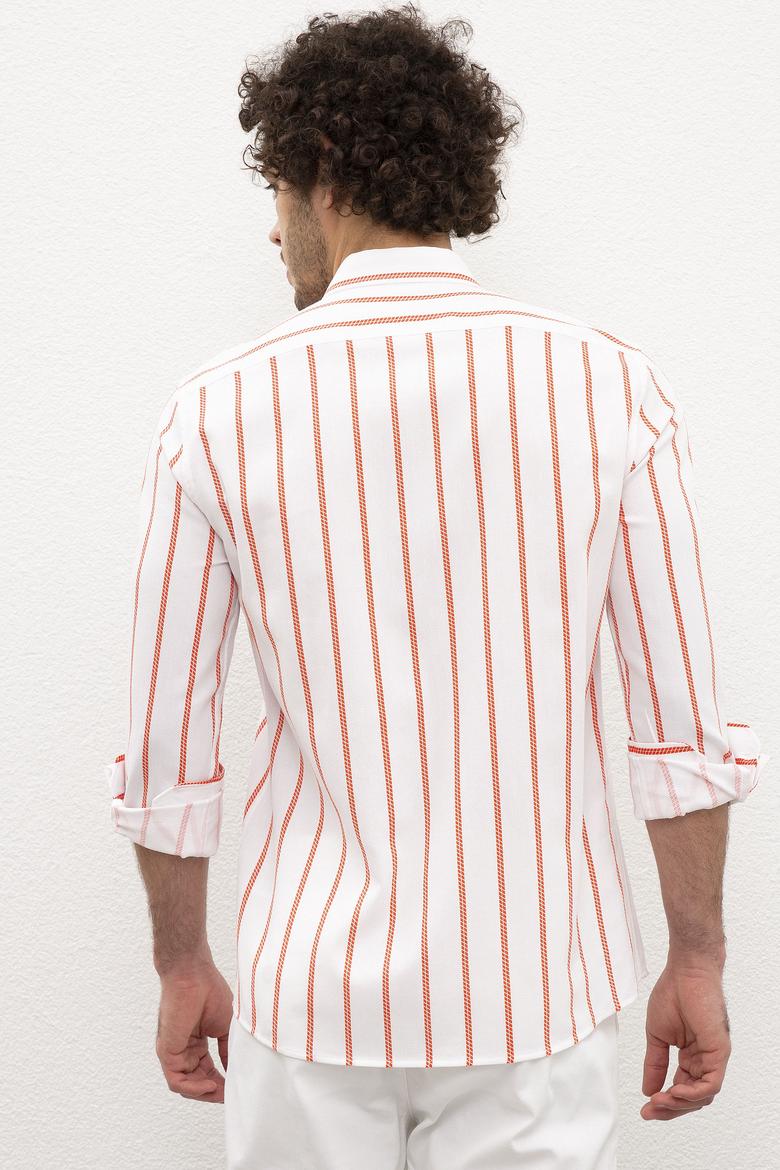 Erkek Kırmızı Dikey Çizgili Gömlek Uzunkol - 50218688004