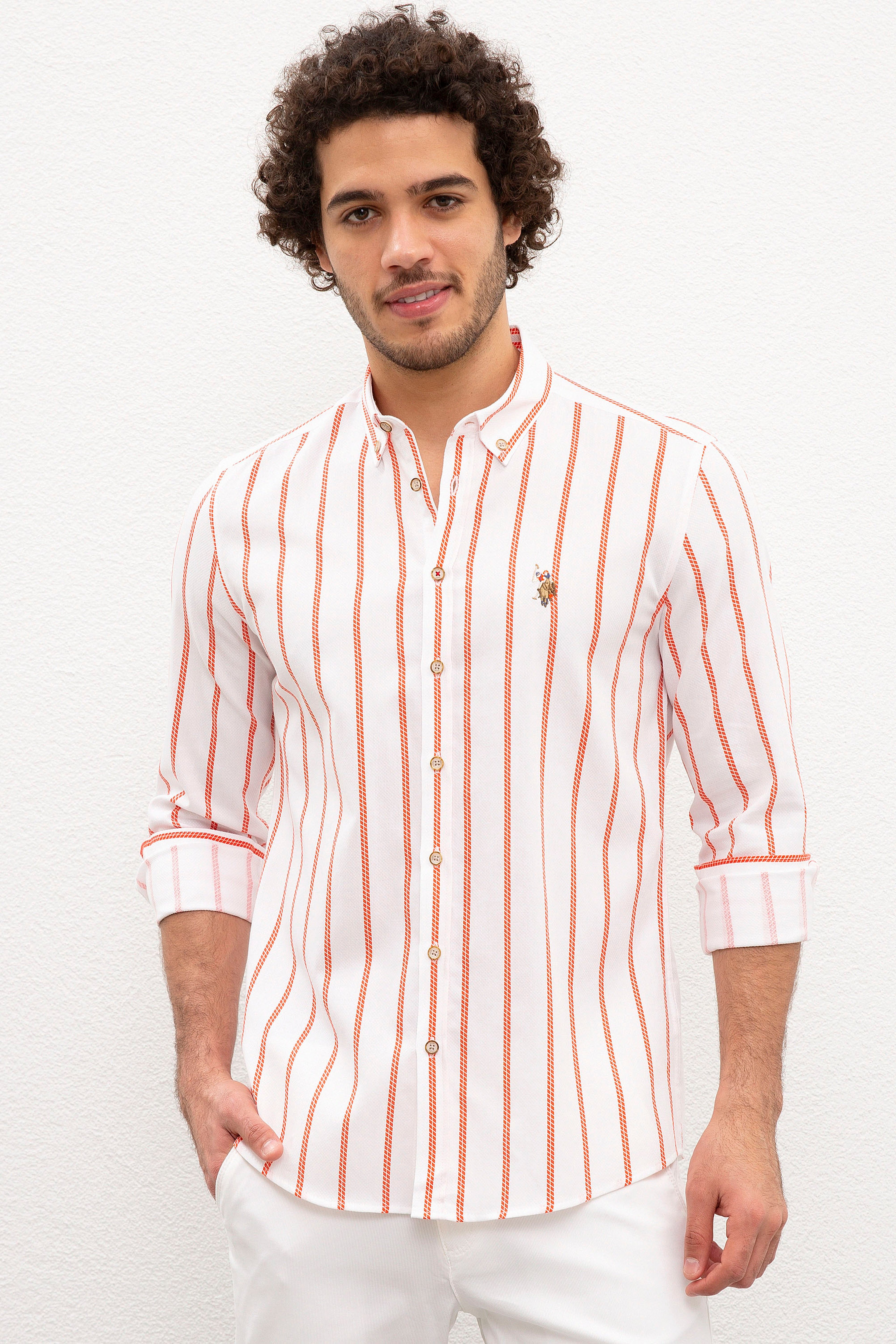 Erkek Kırmızı Dikey Çizgili Gömlek Uzunkol - Image 1