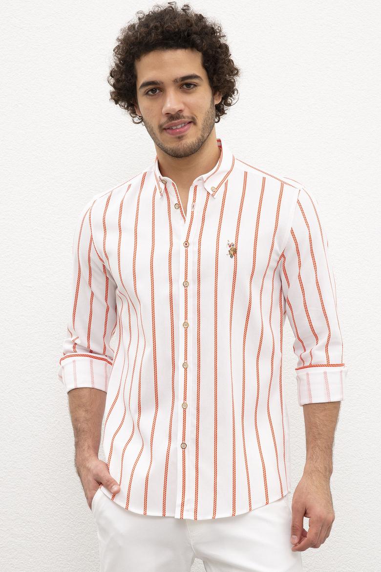 Erkek Kırmızı Dikey Çizgili Gömlek Uzunkol